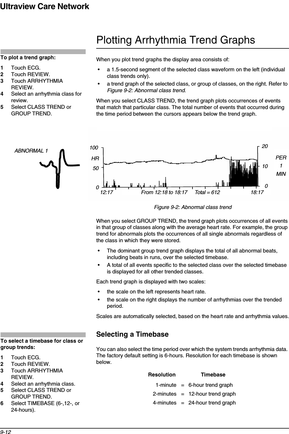 Ultraview Care Network9-12Plotting Arrhythmia Trend GraphsWhen you plot trend graphs the display area consists of:• a 1.5-second segment of the selected class waveform on the left (individual class trends only). • a trend graph of the selected class, or group of classes, on the right. Refer to Figure 9-2: Abnormal class trend.When you select CLASS TREND, the trend graph plots occurrences of events that match that particular class. The total number of events that occurred during the time period between the cursors appears below the trend graph.Figure 9-2: Abnormal class trendWhen you select GROUP TREND, the trend graph plots occurrences of all events in that group of classes along with the average heart rate. For example, the group trend for abnormals plots the occurrences of all single abnormals regardless of the class in which they were stored.• The dominant group trend graph displays the total of all abnormal beats, including beats in runs, over the selected timebase.• A total of all events specific to the selected class over the selected timebase is displayed for all other trended classes.Each trend graph is displayed with two scales:• the scale on the left represents heart rate.• the scale on the right displays the number of arrhythmias over the trended period.Scales are automatically selected, based on the heart rate and arrhythmia values.Selecting a TimebaseYou can also select the time period over which the system trends arrhythmia data. The factory default setting is 6-hours. Resolution for each timebase is shown below. Resolution Timebase1-minute = 6-hour trend graph2-minutes = 12-hour trend graph4-minutes = 24-hour trend graphTo plot a trend graph:1Touch ECG.2Touch REVIEW.3Touch ARRHYTHMIA REVIEW.4Select an arrhythmia class for review.5Select CLASS TREND or GROUP TREND.1000From 12:18 to 18:17 18:1702050HR1012:17  Total = 612PER1MINABNORMAL 1To select a timebase for class or group trends:1Touch ECG.2Touch REVIEW.3Touch ARRHYTHMIA REVIEW.4Select an arrhythmia class.5Select CLASS TREND or GROUP TREND.6Select TIMEBASE (6-,12-, or 24-hours).