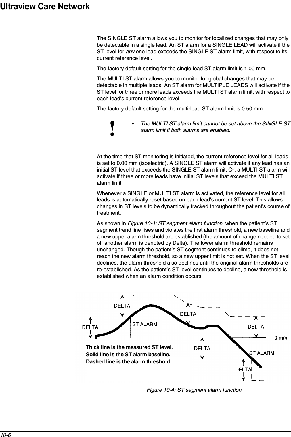 Ultraview Care Network10-6The SINGLE ST alarm allows you to monitor for localized changes that may only be detectable in a single lead. An ST alarm for a SINGLE LEAD will activate if the ST level for any one lead exceeds the SINGLE ST alarm limit, with respect to its current reference level.The factory default setting for the single lead ST alarm limit is 1.00 mm.The MULTI ST alarm allows you to monitor for global changes that may be detectable in multiple leads. An ST alarm for MULTIPLE LEADS will activate if the ST level for three or more leads exceeds the MULTI ST alarm limit, with respect to each lead’s current reference level.The factory default setting for the multi-lead ST alarm limit is 0.50 mm.At the time that ST monitoring is initiated, the current reference level for all leads is set to 0.00 mm (isoelectric). A SINGLE ST alarm will activate if any lead has an initial ST level that exceeds the SINGLE ST alarm limit. Or, a MULTI ST alarm will activate if three or more leads have initial ST levels that exceed the MULTI ST alarm limit.Whenever a SINGLE or MULTI ST alarm is activated, the reference level for all leads is automatically reset based on each lead’s current ST level. This allows changes in ST levels to be dynamically tracked throughout the patient’s course of treatment.As shown in Figure 10-4: ST segment alarm function, when the patient’s ST segment trend line rises and violates the first alarm threshold, a new baseline and a new upper alarm threshold are established (the amount of change needed to set off another alarm is denoted by Delta). The lower alarm threshold remains unchanged. Though the patient’s ST segment continues to climb, it does not reach the new alarm threshold, so a new upper limit is not set. When the ST level declines, the alarm threshold also declines until the original alarm thresholds are re-established. As the patient’s ST level continues to decline, a new threshold is established when an alarm condition occurs.Figure 10-4: ST segment alarm function!• The MULTI ST alarm limit cannot be set above the SINGLE ST alarm limit if both alarms are enabled.Thick line is the measured ST level.Solid line is the ST alarm baseline.Dashed line is the alarm threshold.