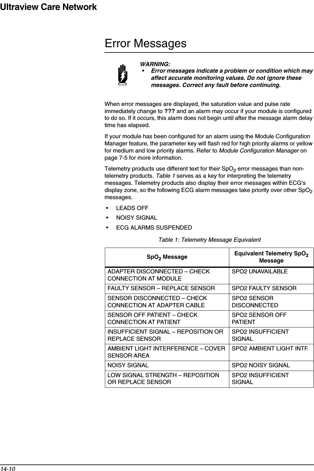 Ultraview Care Network14-10Error MessagesWhen error messages are displayed, the saturation value and pulse rate immediately change to ??? and an alarm may occur if your module is configured to do so. If it occurs, this alarm does not begin until after the message alarm delay time has elapsed.If your module has been configured for an alarm using the Module Configuration Manager feature, the parameter key will flash red for high priority alarms or yellow for medium and low priority alarms. Refer to Module Configuration Manager on page 7-5 for more information.Telemetry products use different text for their SpO2 error messages than non-telemetry products. Table 1 serves as a key for interpreting the telemetry messages. Telemetry products also display their error messages within ECG’s display zone, so the following ECG alarm messages take priority over other SpO2messages.• LEADS OFF• NOISY SIGNAL• ECG ALARMS SUSPENDED WARNING:• Error messages indicate a problem or condition which may affect accurate monitoring values. Do not ignore these messages. Correct any fault before continuing.Table 1: Telemetry Message EquivalentSpO2 Message Equivalent Telemetry SpO2MessageADAPTER DISCONNECTED – CHECK CONNECTION AT MODULESPO2 UNAVAILABLEFAULTY SENSOR – REPLACE SENSOR SPO2 FAULTY SENSORSENSOR DISCONNECTED – CHECK CONNECTION AT ADAPTER CABLESPO2 SENSOR DISCONNECTEDSENSOR OFF PATIENT – CHECK CONNECTION AT PATIENTSPO2 SENSOR OFF PATIENTINSUFFICIENT SIGNAL – REPOSITION OR REPLACE SENSORSPO2 INSUFFICIENT SIGNALAMBIENT LIGHT INTERFERENCE – COVER SENSOR AREASPO2 AMBIENT LIGHT INTF.NOISY SIGNAL SPO2 NOISY SIGNALLOW SIGNAL STRENGTH – REPOSITION OR REPLACE SENSORSPO2 INSUFFICIENT SIGNAL