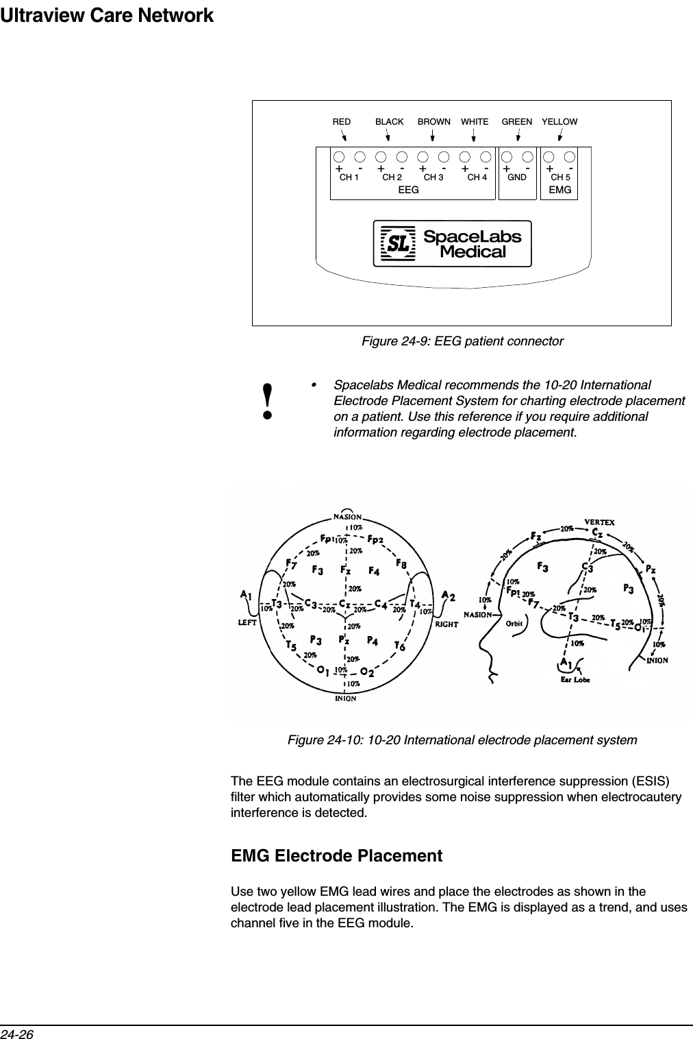 Ultraview Care Network24-26Figure 24-9: EEG patient connectorFigure 24-10: 10-20 International electrode placement systemThe EEG module contains an electrosurgical interference suppression (ESIS) filter which automatically provides some noise suppression when electrocautery interference is detected.EMG Electrode PlacementUse two yellow EMG lead wires and place the electrodes as shown in the electrode lead placement illustration. The EMG is displayed as a trend, and uses channel five in the EEG module.!• Spacelabs Medical recommends the 10-20 International Electrode Placement System for charting electrode placement on a patient. Use this reference if you require additional information regarding electrode placement.+-+-+-+-+-+-CH 1 CH 2 CH 3 CH 4 GND CH 5EMGEEGRED BLACK BROWN WHITE GREEN YELLOW