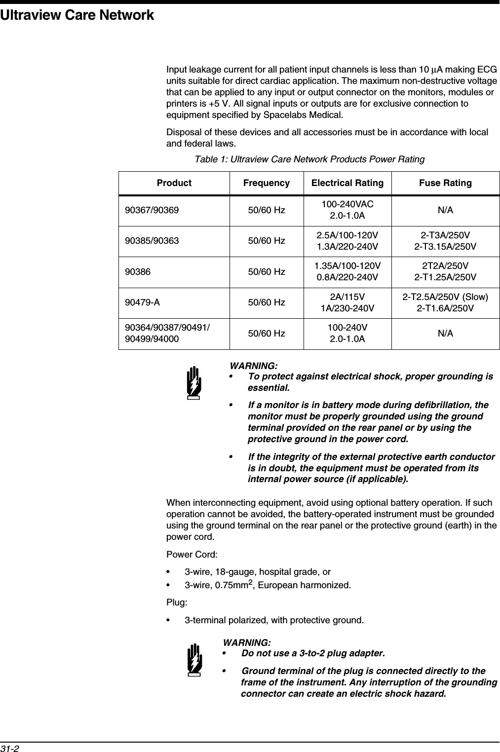 Ultraview Care Network31-2Input leakage current for all patient input channels is less than 10 µA making ECG units suitable for direct cardiac application. The maximum non-destructive voltage that can be applied to any input or output connector on the monitors, modules or printers is +5 V. All signal inputs or outputs are for exclusive connection to equipment specified by Spacelabs Medical.Disposal of these devices and all accessories must be in accordance with local and federal laws.When interconnecting equipment, avoid using optional battery operation. If such operation cannot be avoided, the battery-operated instrument must be grounded using the ground terminal on the rear panel or the protective ground (earth) in the power cord.Power Cord: • 3-wire, 18-gauge, hospital grade, or • 3-wire, 0.75mm2, European harmonized.Plug: • 3-terminal polarized, with protective ground.Table 1: Ultraview Care Network Products Power RatingProduct Frequency Electrical Rating Fuse Rating90367/90369 50/60 Hz 100-240VAC2.0-1.0A N/A90385/90363 50/60 Hz 2.5A/100-120V1.3A/220-240V2-T3A/250V2-T3.15A/250V90386 50/60 Hz 1.35A/100-120V0.8A/220-240V2T2A/250V2-T1.25A/250V90479-A 50/60 Hz 2A/115V1A/230-240V2-T2.5A/250V (Slow)2-T1.6A/250V90364/90387/90491/90499/94000 50/60 Hz 100-240V2.0-1.0A N/AWARNING:• To protect against electrical shock, proper grounding is essential.• If a monitor is in battery mode during defibrillation, the monitor must be properly grounded using the ground terminal provided on the rear panel or by using the protective ground in the power cord.• If the integrity of the external protective earth conductor is in doubt, the equipment must be operated from its internal power source (if applicable).WARNING:• Do not use a 3-to-2 plug adapter.• Ground terminal of the plug is connected directly to the frame of the instrument. Any interruption of the grounding connector can create an electric shock hazard. 