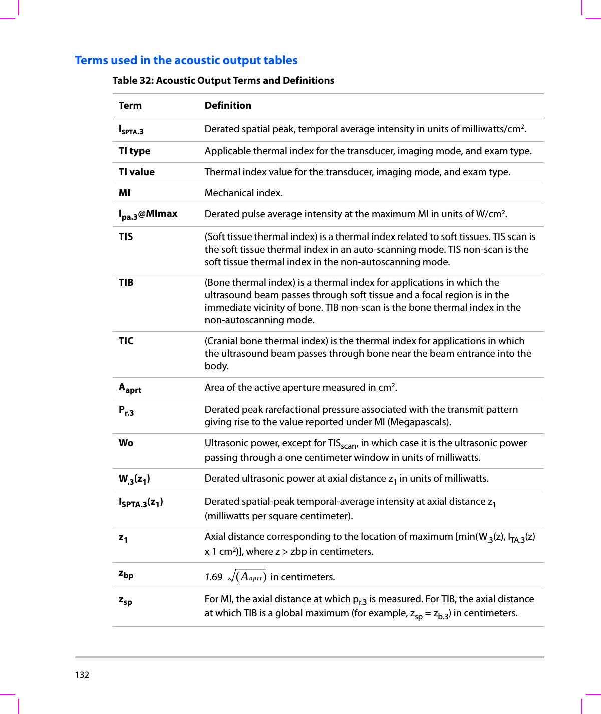 132  Terms used in the acoustic output tablesTable 32: Acoustic Output Terms and DefinitionsTerm DefinitionISPTA.3 Derated spatial peak, temporal average intensity in units of milliwatts/cm2.TI type Applicable thermal index for the transducer, imaging mode, and exam type.TI value Thermal index value for the transducer, imaging mode, and exam type.MI Mechanical index.Ipa.3@MImax Derated pulse average intensity at the maximum MI in units of W/cm2.TIS (Soft tissue thermal index) is a thermal index related to soft tissues. TIS scan is the soft tissue thermal index in an auto-scanning mode. TIS non-scan is the soft tissue thermal index in the non-autoscanning mode.TIB (Bone thermal index) is a thermal index for applications in which the ultrasound beam passes through soft tissue and a focal region is in the immediate vicinity of bone. TIB non-scan is the bone thermal index in the non-autoscanning mode.TIC (Cranial bone thermal index) is the thermal index for applications in which the ultrasound beam passes through bone near the beam entrance into the body.Aaprt Area of the active aperture measured in cm2.Pr.3 Derated peak rarefactional pressure associated with the transmit pattern giving rise to the value reported under MI (Megapascals).Wo Ultrasonic power, except for TISscan, in which case it is the ultrasonic power passing through a one centimeter window in units of milliwatts.W.3(z1)Derated ultrasonic power at axial distance z1 in units of milliwatts.ISPTA.3(z1)Derated spatial-peak temporal-average intensity at axial distance z1 (milliwatts per square centimeter).z1Axial distance corresponding to the location of maximum [min(W.3(z), ITA.3(z) x 1 cm2)], where z &gt; zbp in centimeters.zbp 1.69   in centimeters.zsp For MI, the axial distance at which pr.3 is measured. For TIB, the axial distance at which TIB is a global maximum (for example, zsp = zb.3) in centimeters.Aaprt()