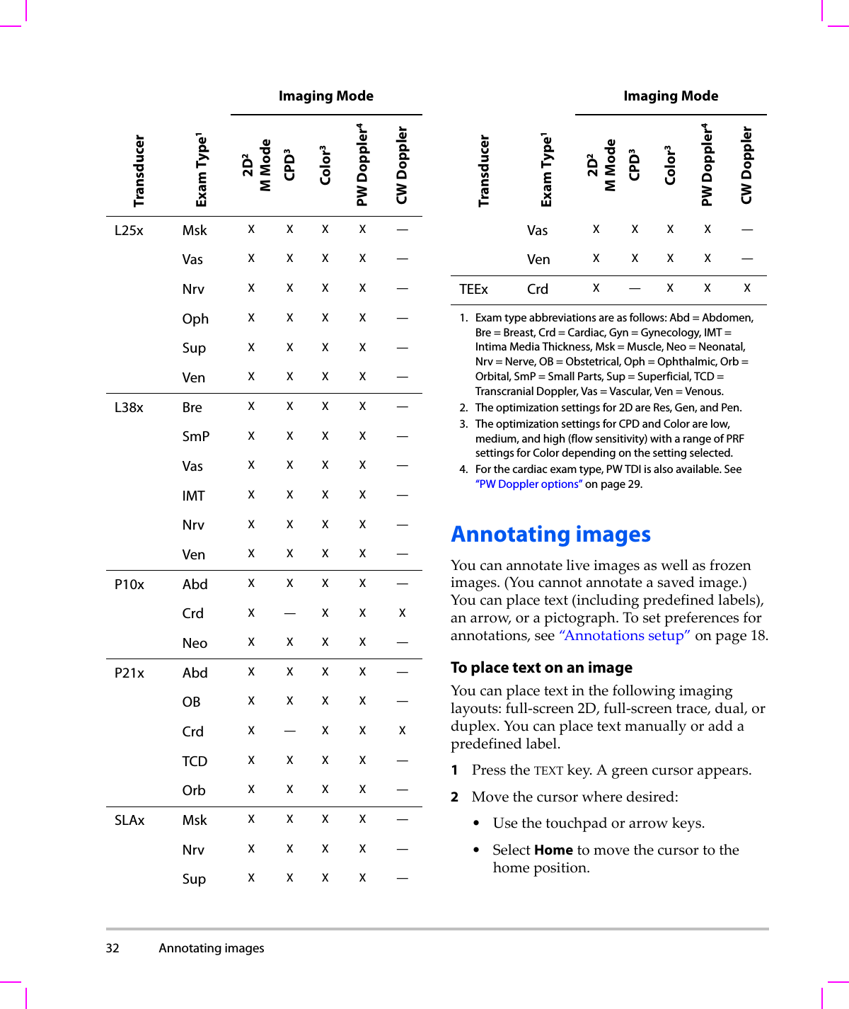 32 Annotating images  Annotating imagesYoucanannotateliveimagesaswellasfrozenimages.(Youcannotannotateasavedimage.)Youcanplacetext(includingpredefinedlabels),anarrow,orapictograph.Tosetpreferencesforannotations,see“Annotationssetup”onpage 18.To place text on an imageYoucanplacetextinthefollowingimaginglayouts:full‐screen2D,full‐screentrace,dual,orduplex.Youcanplacetextmanuallyoraddapredefinedlabel.1PresstheTEXTkey.Agreencursorappears.2Movethecursorwheredesired:•Usethetouchpadorarrowkeys.•SelectHometomovethecursortothehomeposition.L25x Msk XXXX—Vas XXXX—Nrv XXXX—Oph XXXX—Sup XXXX—Ven XXXX—L38x Bre XXXX—SmP XXXX—Vas XXXX—IMT XXXX—Nrv XXXX—Ven XXXX—P10x Abd XXXX—Crd X—XX XNeo XXXX—P21x Abd XXXX—OB XXXX—Crd X—XX XTCD XXXX—Orb XXXX—SLAx Msk XXXX—Nrv XXXX—Sup XXXX—Imaging ModeTransducerExam Type12D2M ModeCPD3Color3PW Doppler4CW DopplerVas XXXX—Ven XXXX—TEEx Crd X—XX X1. Exam type abbreviations are as follows: Abd = Abdomen, Bre = Breast, Crd = Cardiac, Gyn = Gynecology, IMT = Intima Media Thickness, Msk = Muscle, Neo = Neonatal, Nrv = Nerve, OB = Obstetrical, Oph = Ophthalmic, Orb = Orbital, SmP = Small Parts, Sup = Superficial, TCD = Transcranial Doppler, Vas = Vascular, Ven = Venous.2. The optimization settings for 2D are Res, Gen, and Pen.3. The optimization settings for CPD and Color are low, medium, and high (flow sensitivity) with a range of PRF settings for Color depending on the setting selected.4. For the cardiac exam type, PW TDI is also available. See “PW Doppler options” on page 29.Imaging ModeTransducerExam Type12D2M ModeCPD3Color3PW Doppler4CW Doppler