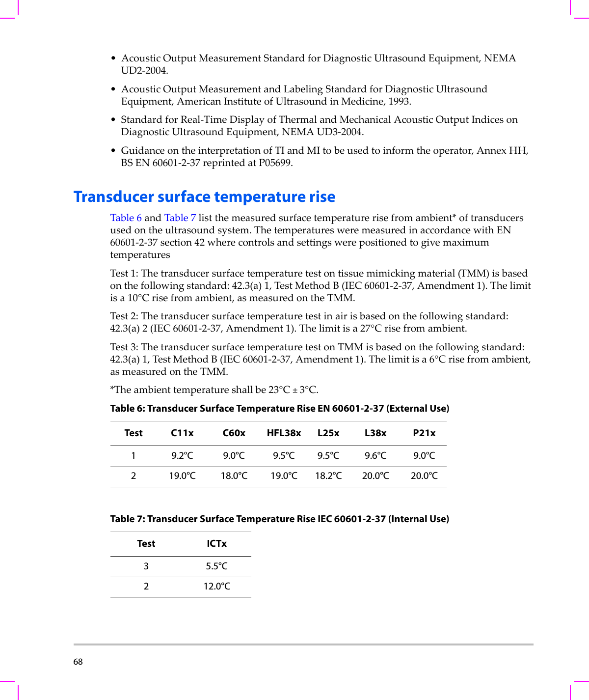 68  •AcousticOutputMeasurementStandardforDiagnosticUltrasoundEquipment,NEMAUD2‐2004.•AcousticOutputMeasurementandLabelingStandardforDiagnosticUltrasoundEquipment,AmericanInstituteofUltrasoundinMedicine,1993.• StandardforReal‐TimeDisplayofThermalandMechanicalAcousticOutputIndicesonDiagnosticUltrasoundEquipment,NEMAUD3‐2004.•GuidanceontheinterpretationofTIandMItobeusedtoinformtheoperator,AnnexHH,BSEN60601‐2‐37reprintedatP05699.Transducer surface temperature riseTable 6andTable 7listthemeasuredsurfacetemperaturerisefromambient*oftransducersusedontheultrasoundsystem.ThetemperaturesweremeasuredinaccordancewithEN60601‐2‐37section42wherecontrolsandsettingswerepositionedtogivemaximumtemperaturesTest1:Thetransducersurfacetemperaturetestontissuemimickingmaterial(TMM)isbasedonthefollowingstandard:42.3(a)1,TestMethodB(IEC60601‐2‐37,Amendment1).Thelimitisa10°Crisefromambient,asmeasuredontheTMM.Test2:Thetransducersurfacetemperaturetestinairisbasedonthefollowingstandard:42.3(a)2(IEC60601‐2‐37,Amendment1).Thelimitisa27°Crisefromambient.Test3:ThetransducersurfacetemperaturetestonTMMisbasedonthefollowingstandard:42.3(a)1,TestMethodB(IEC60601‐2‐37,Amendment1).Thelimitisa6°Crisefromambient,asmeasuredontheTMM.*Theambienttemperatureshallbe23°C±3°C.Table 6: Transducer Surface Temperature Rise EN 60601-2-37 (External Use)Test C11x C60x HFL38x L25x L38x P21x1 9.2°C 9.0°C 9.5°C 9.5°C 9.6°C 9.0°C2 19.0°C 18.0°C 19.0°C 18.2°C 20.0°C 20.0°CTable 7: Transducer Surface Temperature Rise IEC 60601-2-37 (Internal Use)Test ICTx35.5°C2 12.0°C