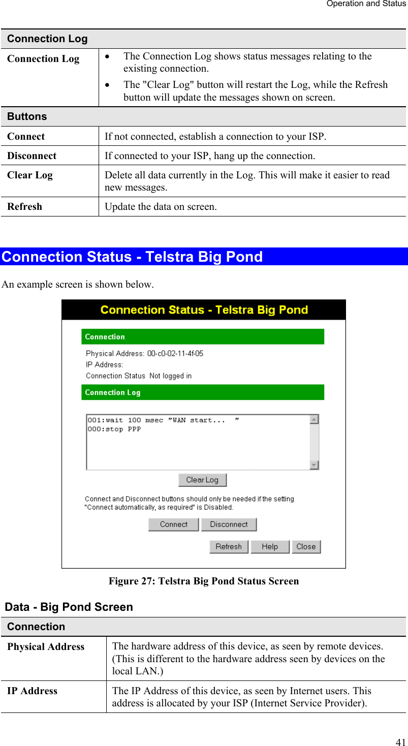 Operation and Status Connection Log Connection Log  •  The Connection Log shows status messages relating to the existing connection. •  The &quot;Clear Log&quot; button will restart the Log, while the Refresh button will update the messages shown on screen. Buttons Connect  If not connected, establish a connection to your ISP. Disconnect  If connected to your ISP, hang up the connection. Clear Log  Delete all data currently in the Log. This will make it easier to read new messages. Refresh  Update the data on screen.  Connection Status - Telstra Big Pond An example screen is shown below.  Figure 27: Telstra Big Pond Status Screen  Data - Big Pond Screen Connection  Physical Address  The hardware address of this device, as seen by remote devices. (This is different to the hardware address seen by devices on the local LAN.) IP Address  The IP Address of this device, as seen by Internet users. This address is allocated by your ISP (Internet Service Provider). 41 