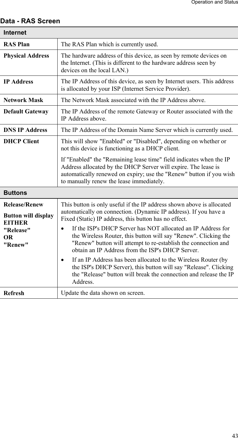 Operation and Status Data - RAS Screen Internet RAS Plan  The RAS Plan which is currently used. Physical Address  The hardware address of this device, as seen by remote devices on the Internet. (This is different to the hardware address seen by devices on the local LAN.) IP Address  The IP Address of this device, as seen by Internet users. This address is allocated by your ISP (Internet Service Provider). Network Mask  The Network Mask associated with the IP Address above. Default Gateway  The IP Address of the remote Gateway or Router associated with the IP Address above. DNS IP Address  The IP Address of the Domain Name Server which is currently used. DHCP Client  This will show &quot;Enabled&quot; or &quot;Disabled&quot;, depending on whether or not this device is functioning as a DHCP client.  If &quot;Enabled&quot; the &quot;Remaining lease time&quot; field indicates when the IP Address allocated by the DHCP Server will expire. The lease is automatically renewed on expiry; use the &quot;Renew&quot; button if you wish to manually renew the lease immediately. Buttons Release/Renew Button will display EITHER  &quot;Release&quot; OR &quot;Renew&quot; This button is only useful if the IP address shown above is allocated automatically on connection. (Dynamic IP address). If you have a Fixed (Static) IP address, this button has no effect.  •  If the ISP&apos;s DHCP Server has NOT allocated an IP Address for the Wireless Router, this button will say &quot;Renew&quot;. Clicking the &quot;Renew&quot; button will attempt to re-establish the connection and obtain an IP Address from the ISP&apos;s DHCP Server. •  If an IP Address has been allocated to the Wireless Router (by the ISP&apos;s DHCP Server), this button will say &quot;Release&quot;. Clicking the &quot;Release&quot; button will break the connection and release the IP Address. Refresh  Update the data shown on screen.  43 