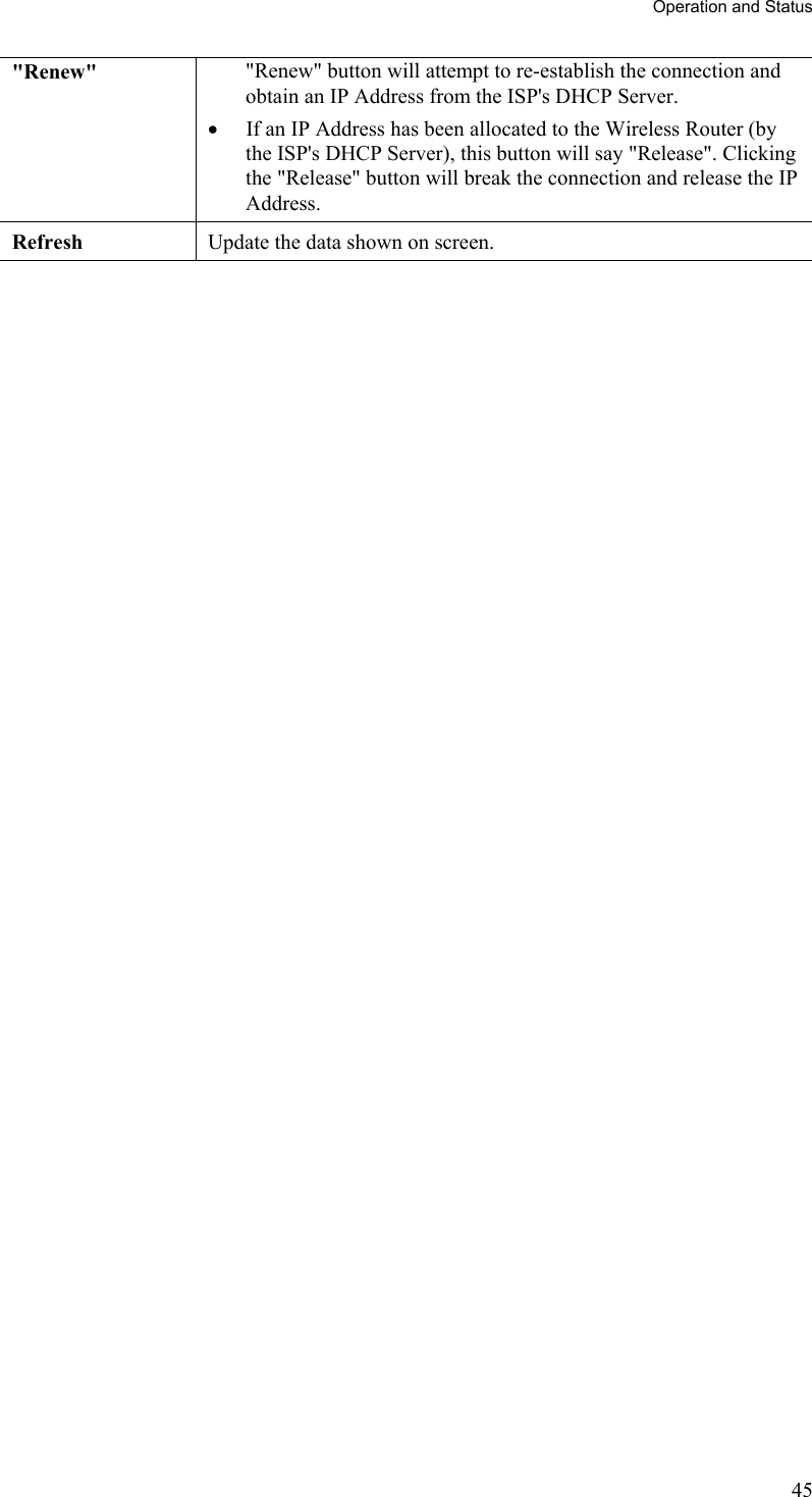 Operation and Status &quot;Renew&quot;  &quot;Renew&quot; button will attempt to re-establish the connection and obtain an IP Address from the ISP&apos;s DHCP Server. •  If an IP Address has been allocated to the Wireless Router (by the ISP&apos;s DHCP Server), this button will say &quot;Release&quot;. Clicking the &quot;Release&quot; button will break the connection and release the IP Address. Refresh  Update the data shown on screen.   45 