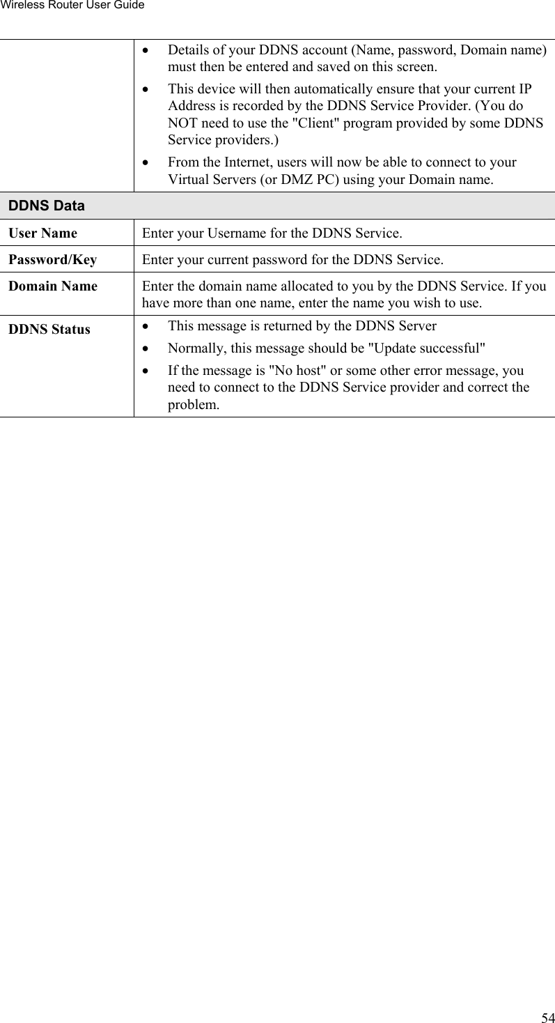 Wireless Router User Guide •  Details of your DDNS account (Name, password, Domain name) must then be entered and saved on this screen. •  This device will then automatically ensure that your current IP Address is recorded by the DDNS Service Provider. (You do NOT need to use the &quot;Client&quot; program provided by some DDNS Service providers.) •  From the Internet, users will now be able to connect to your Virtual Servers (or DMZ PC) using your Domain name. DDNS Data User Name  Enter your Username for the DDNS Service. Password/Key  Enter your current password for the DDNS Service. Domain Name  Enter the domain name allocated to you by the DDNS Service. If you have more than one name, enter the name you wish to use. DDNS Status  •  This message is returned by the DDNS Server •  Normally, this message should be &quot;Update successful&quot;  •  If the message is &quot;No host&quot; or some other error message, you need to connect to the DDNS Service provider and correct the problem.   54 