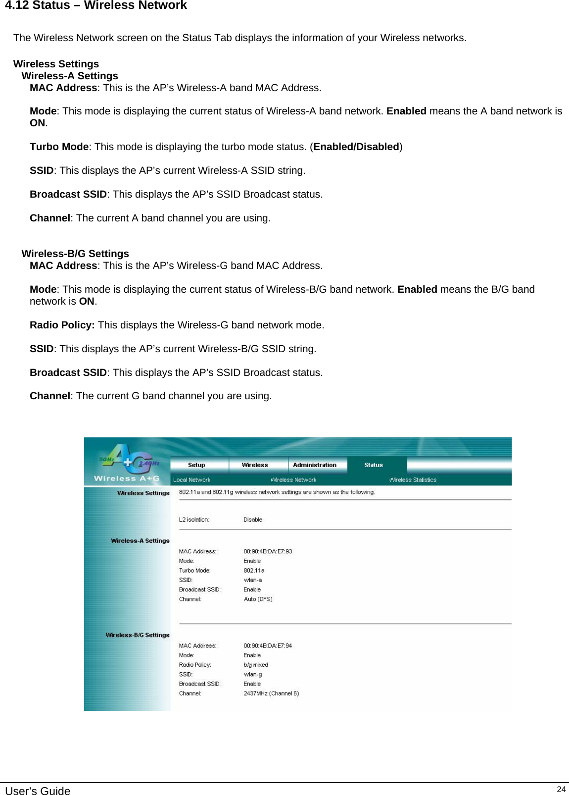    User’s Guide   244.12 Status – Wireless Network  The Wireless Network screen on the Status Tab displays the information of your Wireless networks.  Wireless Settings Wireless-A Settings MAC Address: This is the AP’s Wireless-A band MAC Address.  Mode: This mode is displaying the current status of Wireless-A band network. Enabled means the A band network is ON.  Turbo Mode: This mode is displaying the turbo mode status. (Enabled/Disabled)  SSID: This displays the AP’s current Wireless-A SSID string.  Broadcast SSID: This displays the AP’s SSID Broadcast status.  Channel: The current A band channel you are using.   Wireless-B/G Settings MAC Address: This is the AP’s Wireless-G band MAC Address.  Mode: This mode is displaying the current status of Wireless-B/G band network. Enabled means the B/G band network is ON.  Radio Policy: This displays the Wireless-G band network mode.  SSID: This displays the AP’s current Wireless-B/G SSID string.  Broadcast SSID: This displays the AP’s SSID Broadcast status.  Channel: The current G band channel you are using.                                                                                                                                                                         