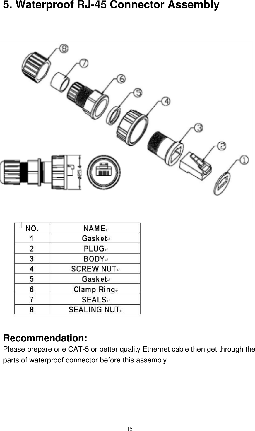  15 5. Waterproof RJ-45 Connector Assembly                     Recommendation: Please prepare one CAT-5 or better quality Ethernet cable then get through the parts of waterproof connector before this assembly.      