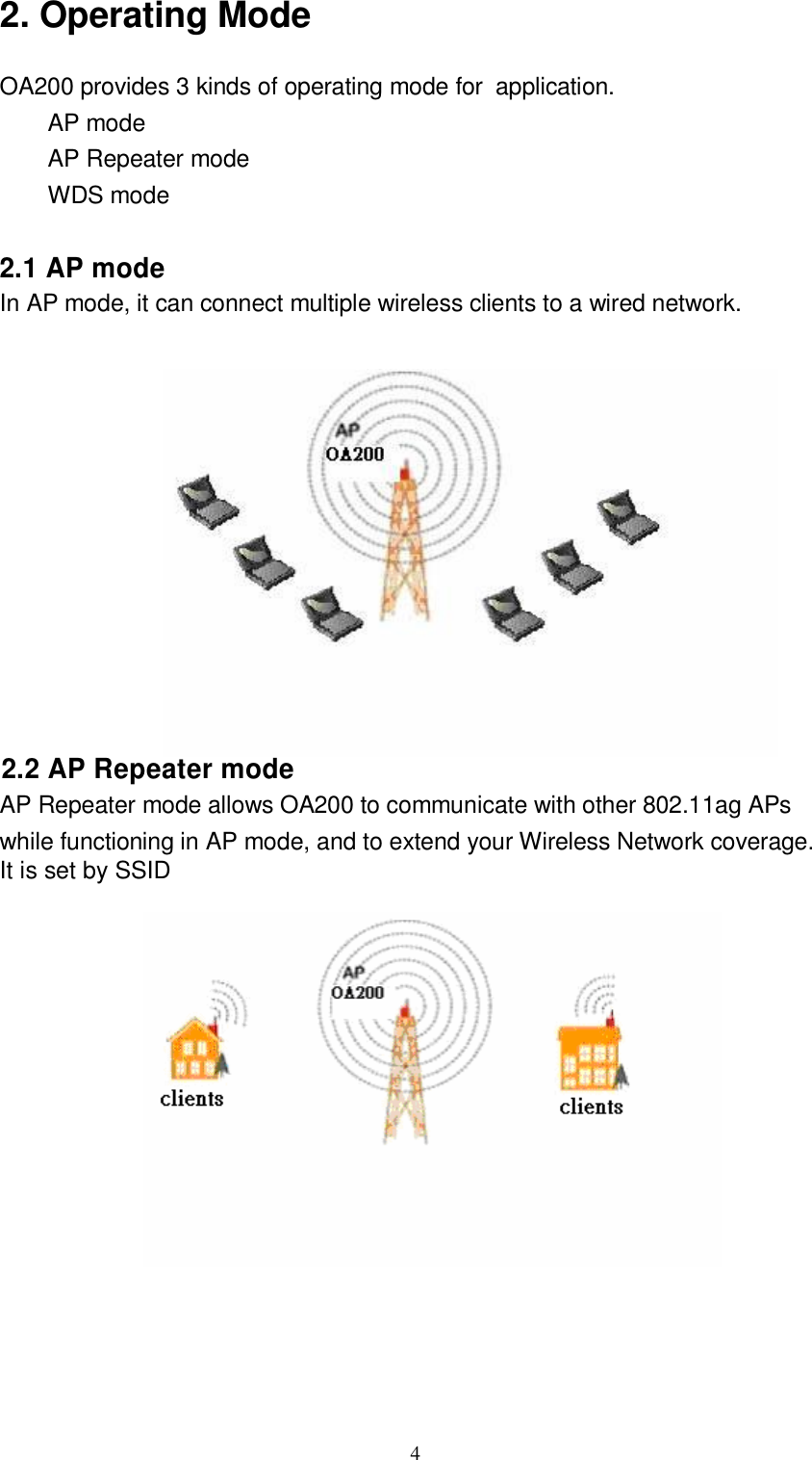  4 2. Operating Mode   OA200 provides 3 kinds of operating mode for  application.   AP mode   AP Repeater mode   WDS mode   2.1 AP mode In AP mode, it can connect multiple wireless clients to a wired network.     2.2 AP Repeater mode AP Repeater mode allows OA200 to communicate with other 802.11ag APs while functioning in AP mode, and to extend your Wireless Network coverage.  It is set by SSID         