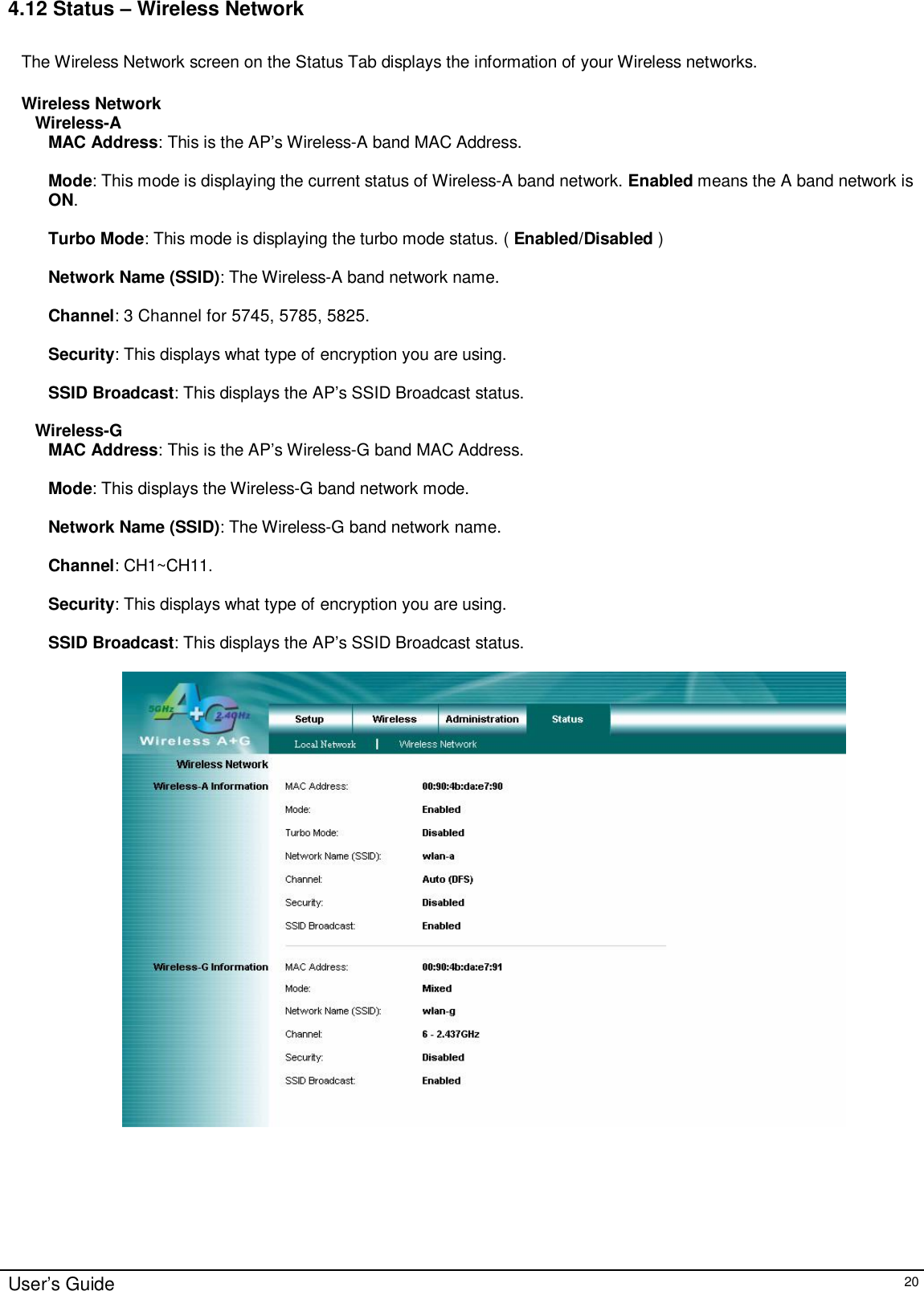    User’s Guide   20 4.12 Status – Wireless Network  The Wireless Network screen on the Status Tab displays the information of your Wireless networks.  Wireless Network Wireless-A MAC Address: This is the AP’s Wireless-A band MAC Address.  Mode: This mode is displaying the current status of Wireless-A band network. Enabled means the A band network is ON.  Turbo Mode: This mode is displaying the turbo mode status. ( Enabled/Disabled )  Network Name (SSID): The Wireless-A band network name.  Channel : 3 Channel for 5745, 5785, 5825. Security: This displays what type of encryption you are using.  SSID Broadcast: This displays the AP’s SSID Broadcast status.  Wireless-G MAC Address: This is the AP’s Wireless-G band MAC Address.  Mode: This displays the Wireless-G band network mode.  Network Name (SSID): The Wireless-G band network name.  Channel : CH1~CH11. Security: This displays what type of encryption you are using.                                                                                                                                                                       SSID Broadcast: This displays the AP’s SSID Broadcast status.   