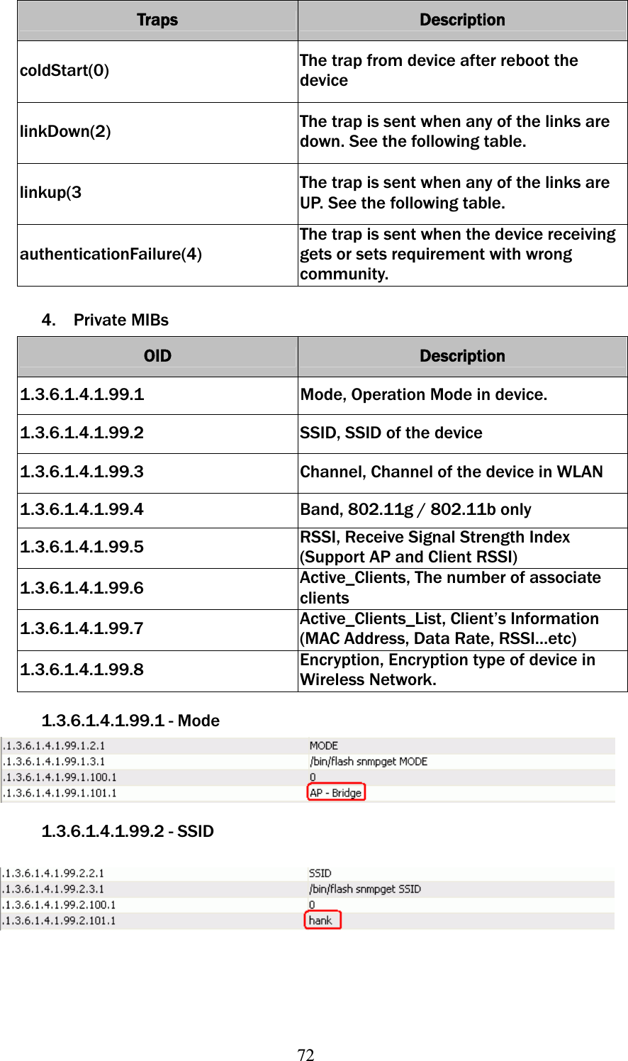 72Traps  Description coldStart(0) The trap from device after reboot the device linkDown(2)  The trap is sent when any of the links are down. See the following table. linkup(3  The trap is sent when any of the links are UP. See the following table.   authenticationFailure(4) The trap is sent when the device receiving gets or sets requirement with wrong community. 4. Private MIBs OID Description 1.3.6.1.4.1.99.1 Mode, Operation Mode in device. 1.3.6.1.4.1.99.2  SSID, SSID of the device 1.3.6.1.4.1.99.3  Channel, Channel of the device in WLAN 1.3.6.1.4.1.99.4  Band, 802.11g / 802.11b only 1.3.6.1.4.1.99.5  RSSI, Receive Signal Strength Index (Support AP and Client RSSI) 1.3.6.1.4.1.99.6  Active_Clients, The number of associate clients1.3.6.1.4.1.99.7  Active_Clients_List, Client’s Information (MAC Address, Data Rate, RSSI…etc) 1.3.6.1.4.1.99.8  Encryption, Encryption type of device in Wireless Network. 1.3.6.1.4.1.99.1 - Mode 1.3.6.1.4.1.99.2 - SSID 