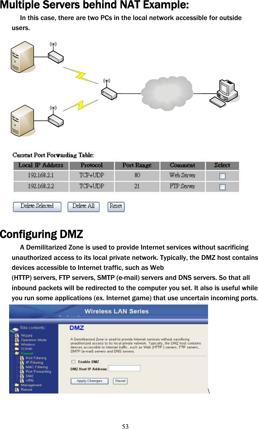 53Multiple Servers behind NAT Example: In this case, there are two PCs in the local network accessible for outside users.Configuring DMZ A Demilitarized Zone is used to provide Internet services without sacrificing unauthorized access to its local private network. Typically, the DMZ host contains devices accessible to Internet traffic, such as Web (HTTP) servers, FTP servers, SMTP (e-mail) servers and DNS servers. So that all inbound packets will be redirected to the computer you set. It also is useful while you run some applications (ex. Internet game) that use uncertain incoming ports. ˯