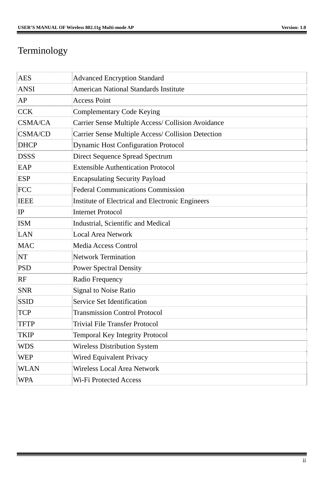   USER’S MANUAL OF Wireless 802.11g Multi-mode AP    Version: 1.0     ii Terminology  AES  Advanced Encryption Standard ANSI  American National Standards Institute AP Access Point CCK  Complementary Code Keying CSMA/CA  Carrier Sense Multiple Access/ Collision Avoidance CSMA/CD  Carrier Sense Multiple Access/ Collision Detection DHCP  Dynamic Host Configuration Protocol DSSS  Direct Sequence Spread Spectrum EAP Extensible Authentication Protocol ESP  Encapsulating Security Payload FCC  Federal Communications Commission IEEE  Institute of Electrical and Electronic Engineers IP Internet Protocol ISM  Industrial, Scientific and Medical LAN Local Area Network MAC Media Access Control NT Network Termination PSD  Power Spectral Density RF Radio Frequency SNR  Signal to Noise Ratio SSID  Service Set Identification TCP  Transmission Control Protocol TFTP  Trivial File Transfer Protocol TKIP  Temporal Key Integrity Protocol WDS  Wireless Distribution System WEP  Wired Equivalent Privacy WLAN  Wireless Local Area Network WPA Wi-Fi Protected Access    