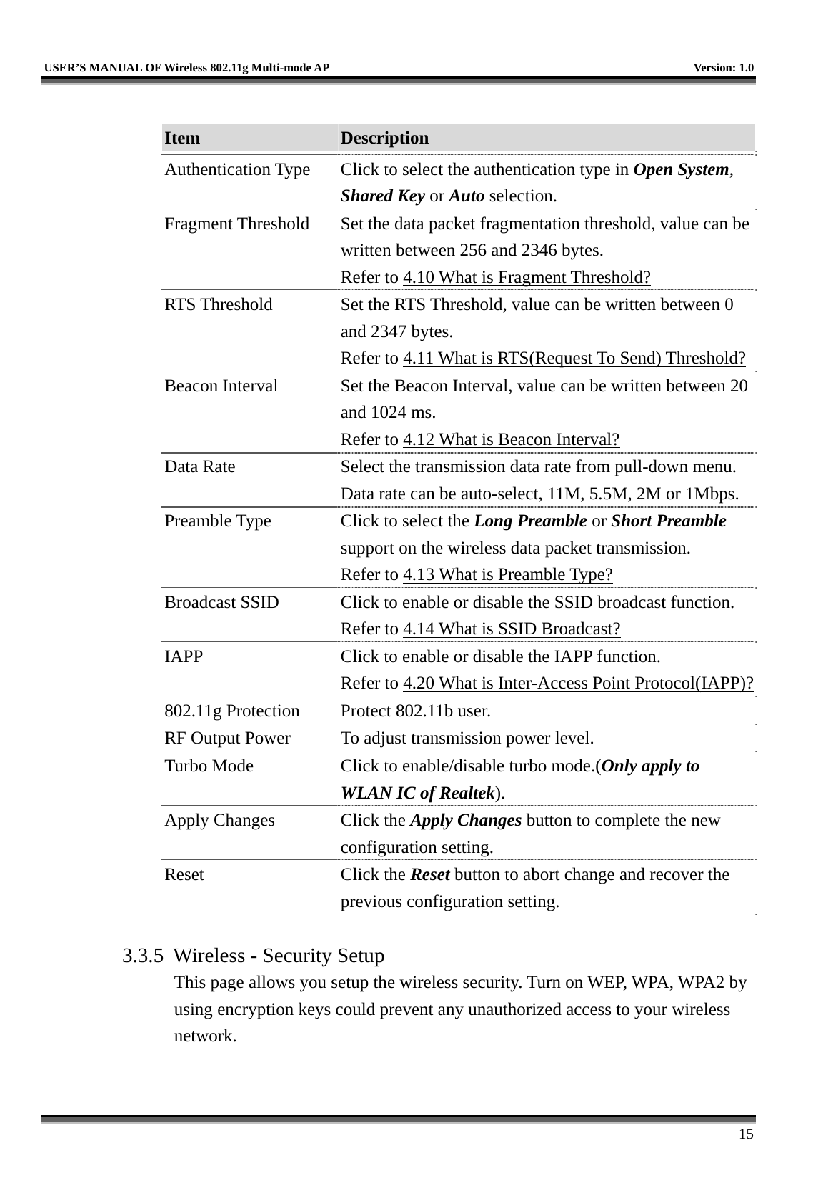   USER’S MANUAL OF Wireless 802.11g Multi-mode AP    Version: 1.0     15  Item  Description   Authentication Type  Click to select the authentication type in Open System, Shared Key or Auto selection. Fragment Threshold  Set the data packet fragmentation threshold, value can be written between 256 and 2346 bytes. Refer to 4.10 What is Fragment Threshold? RTS Threshold  Set the RTS Threshold, value can be written between 0 and 2347 bytes. Refer to 4.11 What is RTS(Request To Send) Threshold?Beacon Interval  Set the Beacon Interval, value can be written between 20 and 1024 ms. Refer to 4.12 What is Beacon Interval? Data Rate  Select the transmission data rate from pull-down menu. Data rate can be auto-select, 11M, 5.5M, 2M or 1Mbps. Preamble Type  Click to select the Long Preamble or Short Preamble support on the wireless data packet transmission. Refer to 4.13 What is Preamble Type?  Broadcast SSID  Click to enable or disable the SSID broadcast function. Refer to 4.14 What is SSID Broadcast? IAPP  Click to enable or disable the IAPP function. Refer to 4.20 What is Inter-Access Point Protocol(IAPP)?802.11g Protection  Protect 802.11b user. RF Output Power  To adjust transmission power level. Turbo Mode  Click to enable/disable turbo mode.(Only apply to WLAN IC of Realtek). Apply Changes  Click the Apply Changes button to complete the new configuration setting. Reset Click the Reset button to abort change and recover the previous configuration setting.  3.3.5  Wireless - Security Setup This page allows you setup the wireless security. Turn on WEP, WPA, WPA2 by using encryption keys could prevent any unauthorized access to your wireless network.  