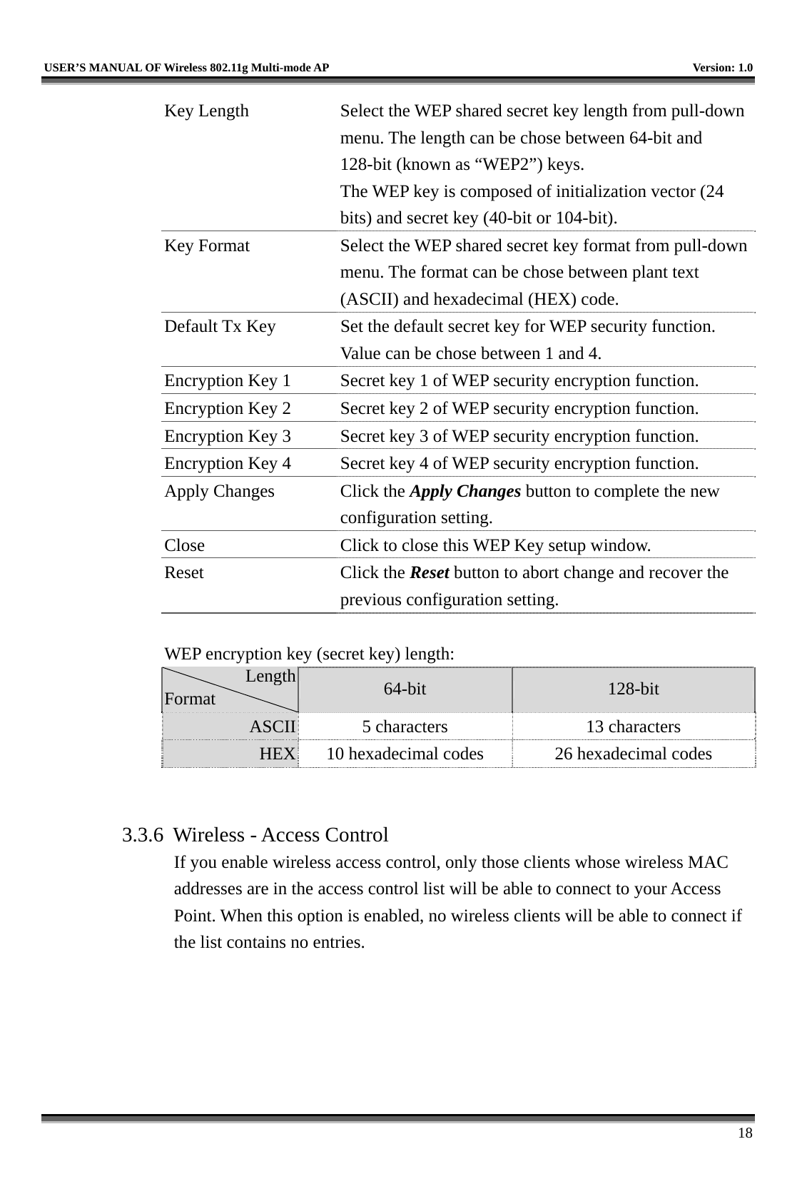   USER’S MANUAL OF Wireless 802.11g Multi-mode AP    Version: 1.0     18 Key Length  Select the WEP shared secret key length from pull-down menu. The length can be chose between 64-bit and 128-bit (known as “WEP2”) keys.   The WEP key is composed of initialization vector (24 bits) and secret key (40-bit or 104-bit). Key Format  Select the WEP shared secret key format from pull-down menu. The format can be chose between plant text (ASCII) and hexadecimal (HEX) code. Default Tx Key  Set the default secret key for WEP security function. Value can be chose between 1 and 4. Encryption Key 1  Secret key 1 of WEP security encryption function. Encryption Key 2  Secret key 2 of WEP security encryption function. Encryption Key 3  Secret key 3 of WEP security encryption function. Encryption Key 4  Secret key 4 of WEP security encryption function. Apply Changes  Click the Apply Changes button to complete the new configuration setting. Close  Click to close this WEP Key setup window. Reset Click the Reset button to abort change and recover the previous configuration setting.  WEP encryption key (secret key) length: Length Format  64-bit  128-bit ASCII  5 characters  13 characters HEX  10 hexadecimal codes    26 hexadecimal codes   3.3.6  Wireless - Access Control If you enable wireless access control, only those clients whose wireless MAC addresses are in the access control list will be able to connect to your Access Point. When this option is enabled, no wireless clients will be able to connect if the list contains no entries. 