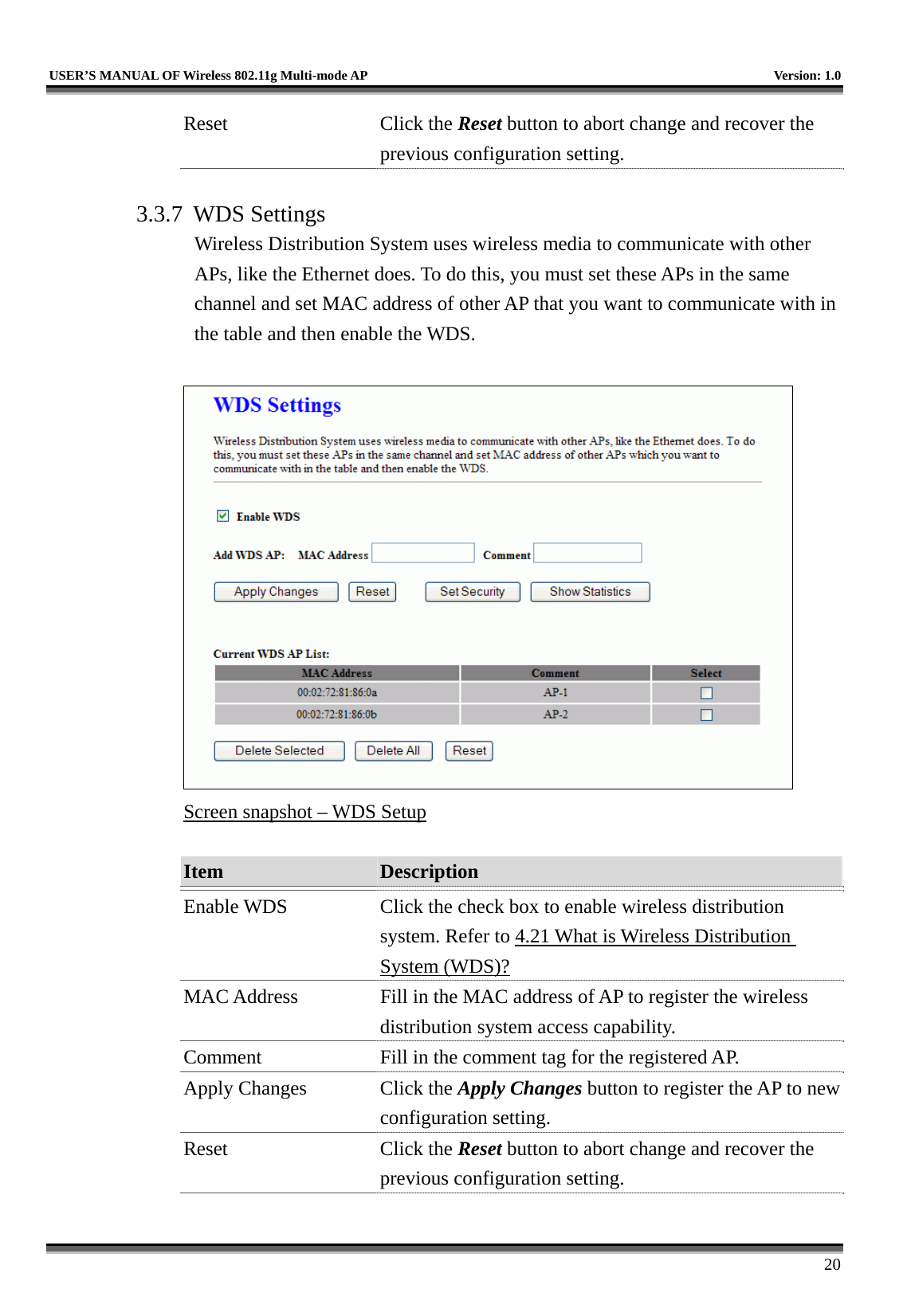   USER’S MANUAL OF Wireless 802.11g Multi-mode AP    Version: 1.0     20 Reset Click the Reset button to abort change and recover the previous configuration setting.  3.3.7 WDS Settings Wireless Distribution System uses wireless media to communicate with other APs, like the Ethernet does. To do this, you must set these APs in the same channel and set MAC address of other AP that you want to communicate with in the table and then enable the WDS.   Screen snapshot – WDS Setup  Item  Description   Enable WDS  Click the check box to enable wireless distribution system. Refer to 4.21 What is Wireless Distribution System (WDS)? MAC Address  Fill in the MAC address of AP to register the wireless distribution system access capability. Comment  Fill in the comment tag for the registered AP. Apply Changes  Click the Apply Changes button to register the AP to new configuration setting. Reset Click the Reset button to abort change and recover the previous configuration setting. 