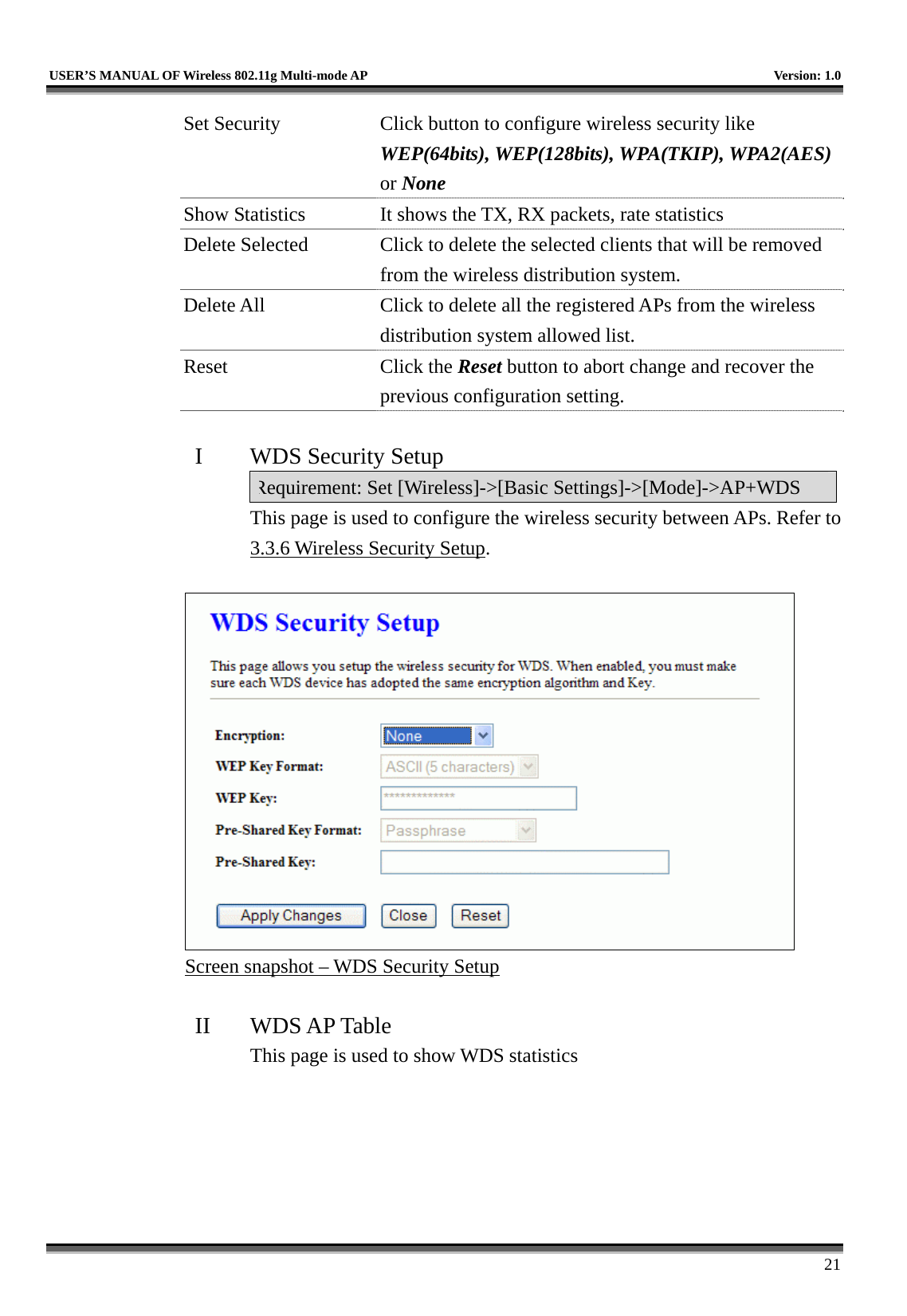   USER’S MANUAL OF Wireless 802.11g Multi-mode AP    Version: 1.0     21 Set Security  Click button to configure wireless security like WEP(64bits), WEP(128bits), WPA(TKIP), WPA2(AES) or None Show Statistics  It shows the TX, RX packets, rate statistics Delete Selected  Click to delete the selected clients that will be removed from the wireless distribution system. Delete All  Click to delete all the registered APs from the wireless distribution system allowed list.   Reset Click the Reset button to abort change and recover the previous configuration setting.  I  WDS Security Setup Requirement: Set [Wireless]-&gt;[Basic Settings]-&gt;[Mode]-&gt;AP+WDS This page is used to configure the wireless security between APs. Refer to 3.3.6 Wireless Security Setup.   Screen snapshot – WDS Security Setup  II WDS AP Table This page is used to show WDS statistics  