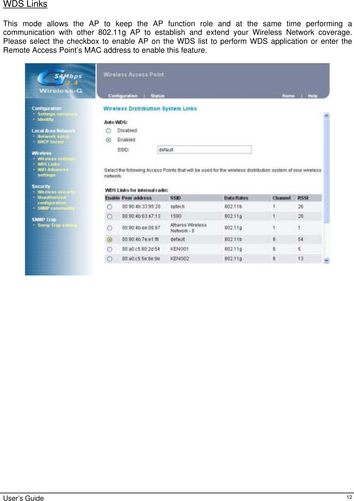    User’s Guide   12WDS Links  This mode allows the AP to keep the AP function role and at the same time performing a communication with other 802.11g AP to establish and extend your Wireless Network coverage. Please select the checkbox to enable AP on the WDS list to perform WDS application or enter the Remote Access Point’s MAC address to enable this feature.                           