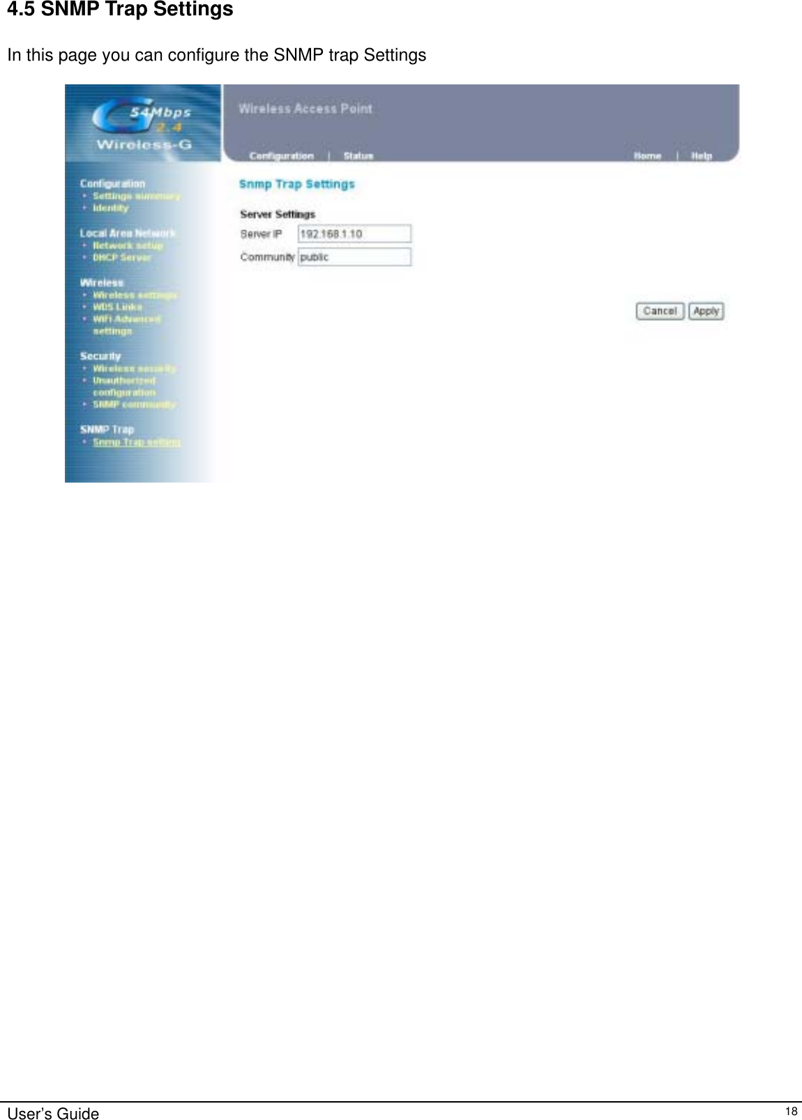    User’s Guide   184.5 SNMP Trap Settings   In this page you can configure the SNMP trap Settings      