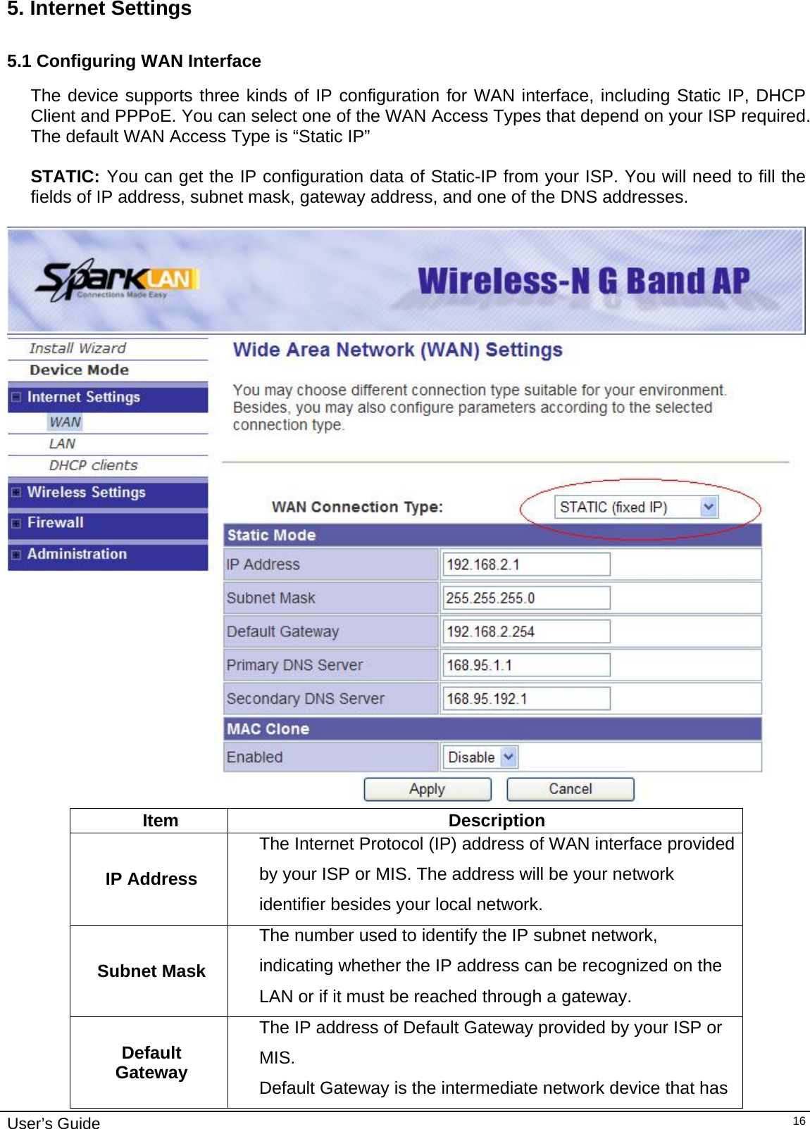    User’s Guide   165. Internet Settings 5.1 Configuring WAN Interface The device supports three kinds of IP configuration for WAN interface, including Static IP, DHCP Client and PPPoE. You can select one of the WAN Access Types that depend on your ISP required. The default WAN Access Type is “Static IP”  STATIC: You can get the IP configuration data of Static-IP from your ISP. You will need to fill the fields of IP address, subnet mask, gateway address, and one of the DNS addresses.   Item Description IP Address The Internet Protocol (IP) address of WAN interface provided by your ISP or MIS. The address will be your network identifier besides your local network. Subnet Mask The number used to identify the IP subnet network, indicating whether the IP address can be recognized on the LAN or if it must be reached through a gateway. Default Gateway The IP address of Default Gateway provided by your ISP or MIS. Default Gateway is the intermediate network device that has 