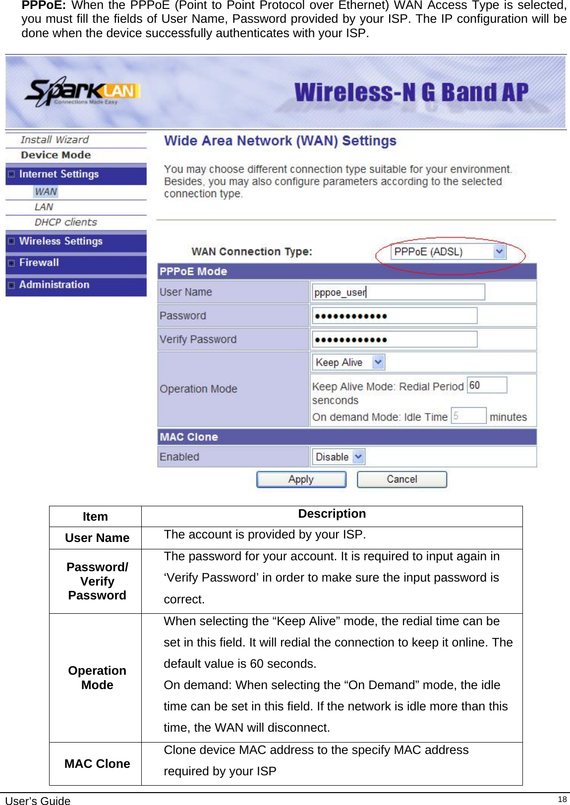    User’s Guide   18PPPoE: When the PPPoE (Point to Point Protocol over Ethernet) WAN Access Type is selected, you must fill the fields of User Name, Password provided by your ISP. The IP configuration will be done when the device successfully authenticates with your ISP.    Item  Description User Name  The account is provided by your ISP. Password/ Verify Password The password for your account. It is required to input again in ‘Verify Password’ in order to make sure the input password is correct. Operation Mode When selecting the “Keep Alive” mode, the redial time can be set in this field. It will redial the connection to keep it online. The default value is 60 seconds. On demand: When selecting the “On Demand” mode, the idle time can be set in this field. If the network is idle more than this time, the WAN will disconnect. MAC Clone  Clone device MAC address to the specify MAC address required by your ISP 