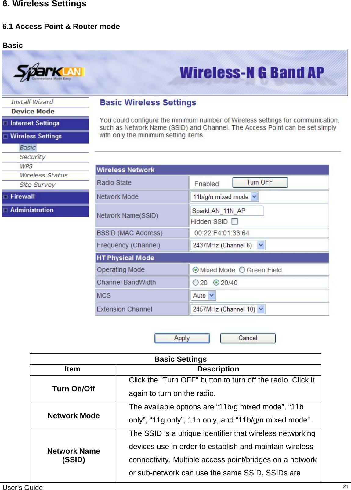                                                                                                                                                                                                                     User’s Guide   216. Wireless Settings 6.1 Access Point &amp; Router mode Basic   Basic Settings Item Description Turn On/Off  Click the “Turn OFF” button to turn off the radio. Click it again to turn on the radio. Network Mode  The available options are “11b/g mixed mode”, “11b only”, “11g only”, 11n only, and “11b/g/n mixed mode”.  Network Name (SSID) The SSID is a unique identifier that wireless networking devices use in order to establish and maintain wireless connectivity. Multiple access point/bridges on a network or sub-network can use the same SSID. SSIDs are 