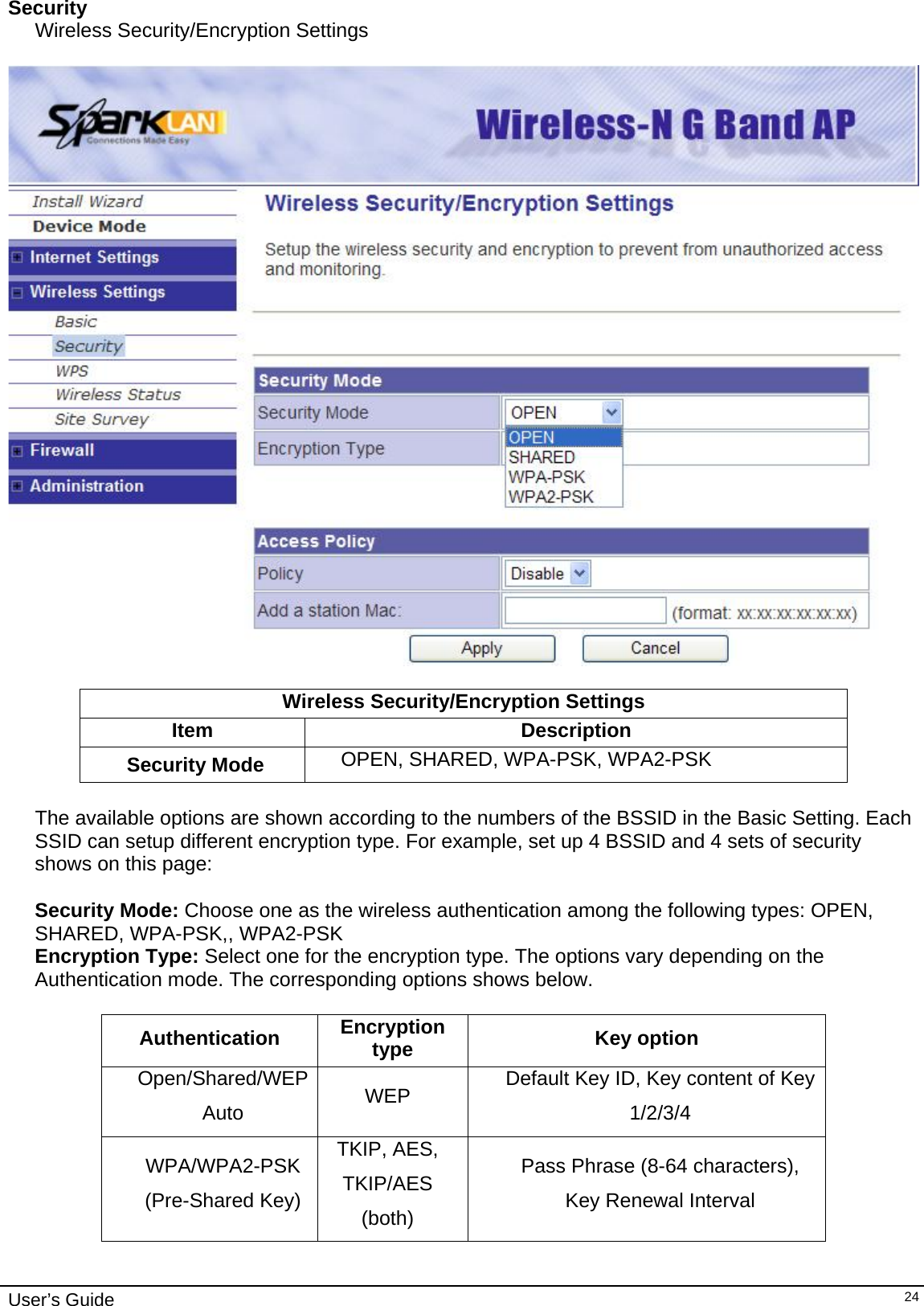    User’s Guide   24Security Wireless Security/Encryption Settings    Wireless Security/Encryption Settings Item Description Security Mode  OPEN, SHARED, WPA-PSK, WPA2-PSK  The available options are shown according to the numbers of the BSSID in the Basic Setting. Each SSID can setup different encryption type. For example, set up 4 BSSID and 4 sets of security shows on this page:  Security Mode: Choose one as the wireless authentication among the following types: OPEN, SHARED, WPA-PSK,, WPA2-PSK Encryption Type: Select one for the encryption type. The options vary depending on the Authentication mode. The corresponding options shows below.  Authentication  Encryption type  Key option Open/Shared/WEP Auto  WEP  Default Key ID, Key content of Key 1/2/3/4 WPA/WPA2-PSK (Pre-Shared Key) TKIP, AES, TKIP/AES (both) Pass Phrase (8-64 characters), Key Renewal Interval  