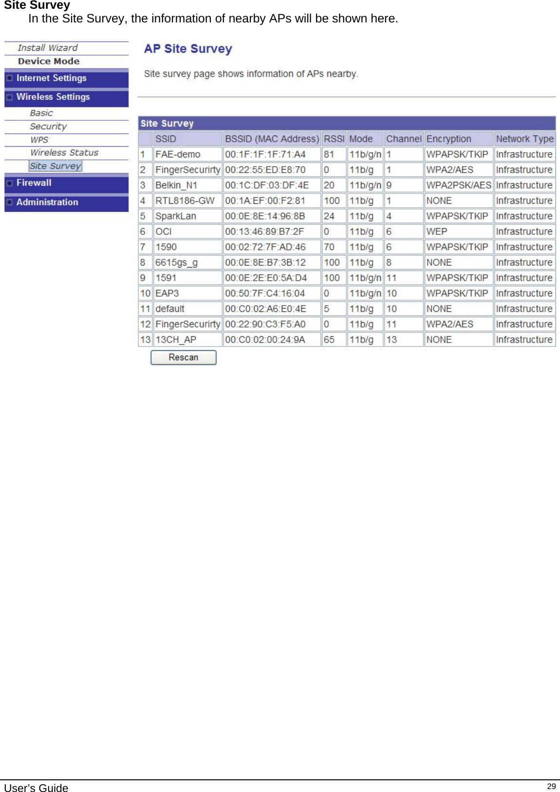                                                                                                                                                                                                                     User’s Guide   29Site Survey In the Site Survey, the information of nearby APs will be shown here.                                