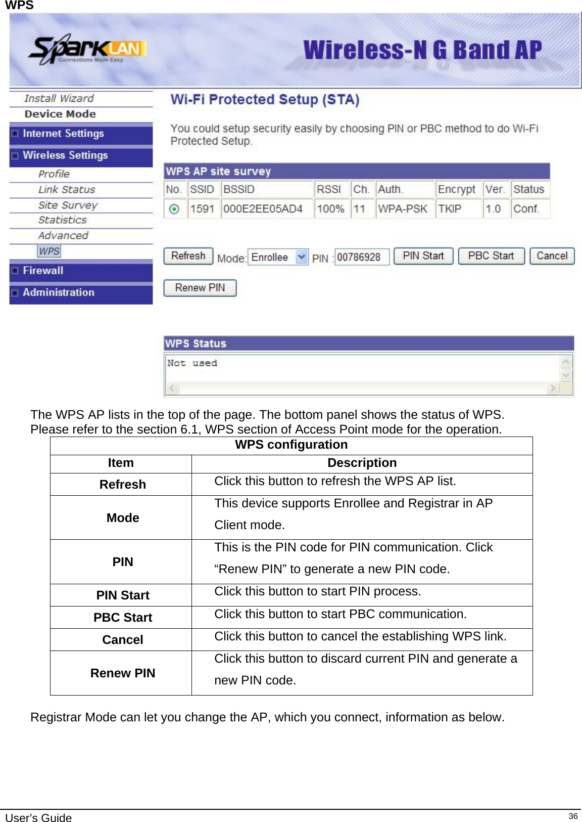    User’s Guide   36WPS   The WPS AP lists in the top of the page. The bottom panel shows the status of WPS.  Please refer to the section 6.1, WPS section of Access Point mode for the operation. WPS configuration Item Description Refresh  Click this button to refresh the WPS AP list. Mode  This device supports Enrollee and Registrar in AP Client mode. PIN  This is the PIN code for PIN communication. Click “Renew PIN” to generate a new PIN code. PIN Start  Click this button to start PIN process. PBC Start  Click this button to start PBC communication. Cancel  Click this button to cancel the establishing WPS link. Renew PIN  Click this button to discard current PIN and generate a new PIN code.   Registrar Mode can let you change the AP, which you connect, information as below. 