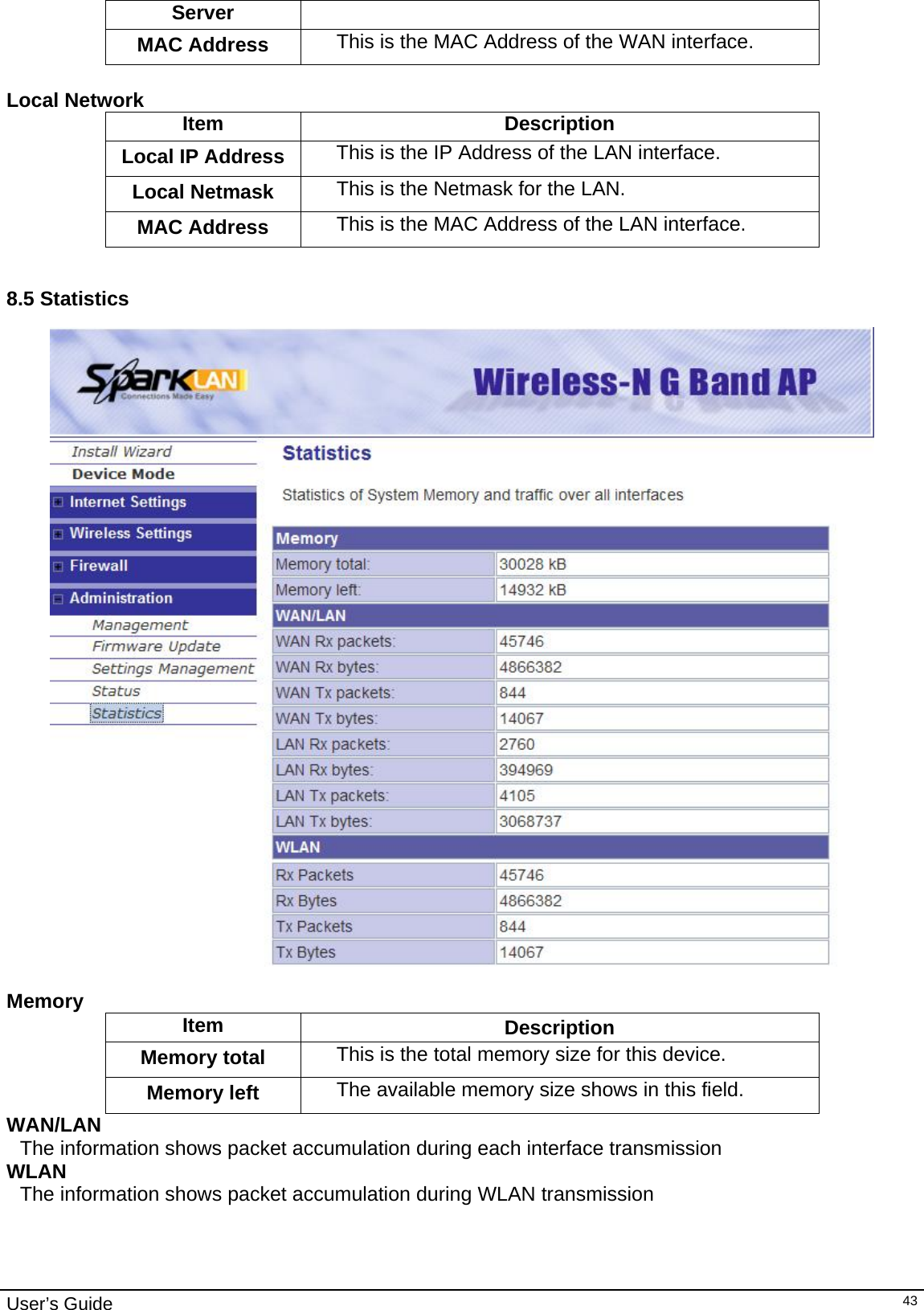                                                                                                                                                                                                                     User’s Guide   43Server MAC Address  This is the MAC Address of the WAN interface.  Local Network  Item Description Local IP Address  This is the IP Address of the LAN interface. Local Netmask  This is the Netmask for the LAN. MAC Address  This is the MAC Address of the LAN interface.  8.5 Statistics   Memory  Item  Description Memory total  This is the total memory size for this device. Memory left  The available memory size shows in this field. WAN/LAN The information shows packet accumulation during each interface transmission WLAN  The information shows packet accumulation during WLAN transmission  