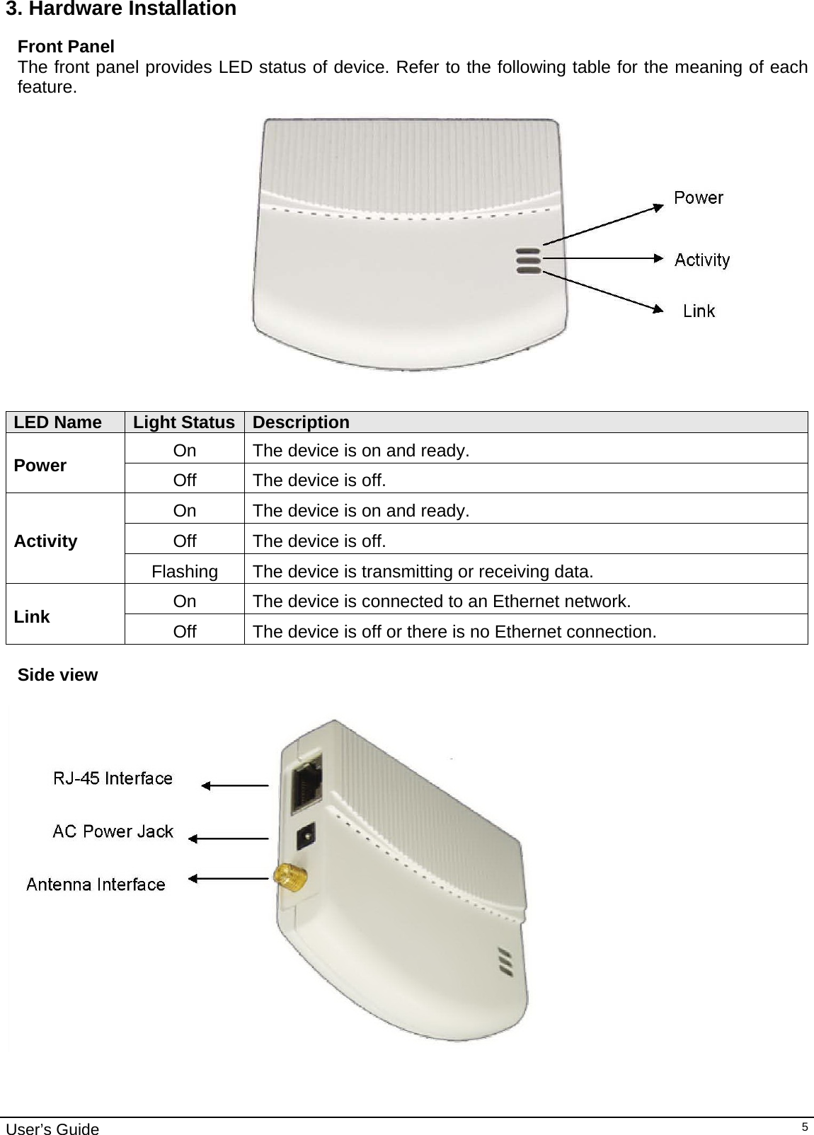                                                                                                                                                                                                                     User’s Guide   53. Hardware Installation Front Panel The front panel provides LED status of device. Refer to the following table for the meaning of each feature.                                           LED Name  Light Status Description Power  On  The device is on and ready. Off  The device is off. Activity On  The device is on and ready. Off  The device is off. Flashing  The device is transmitting or receiving data. Link  On  The device is connected to an Ethernet network. Off  The device is off or there is no Ethernet connection.  Side view    