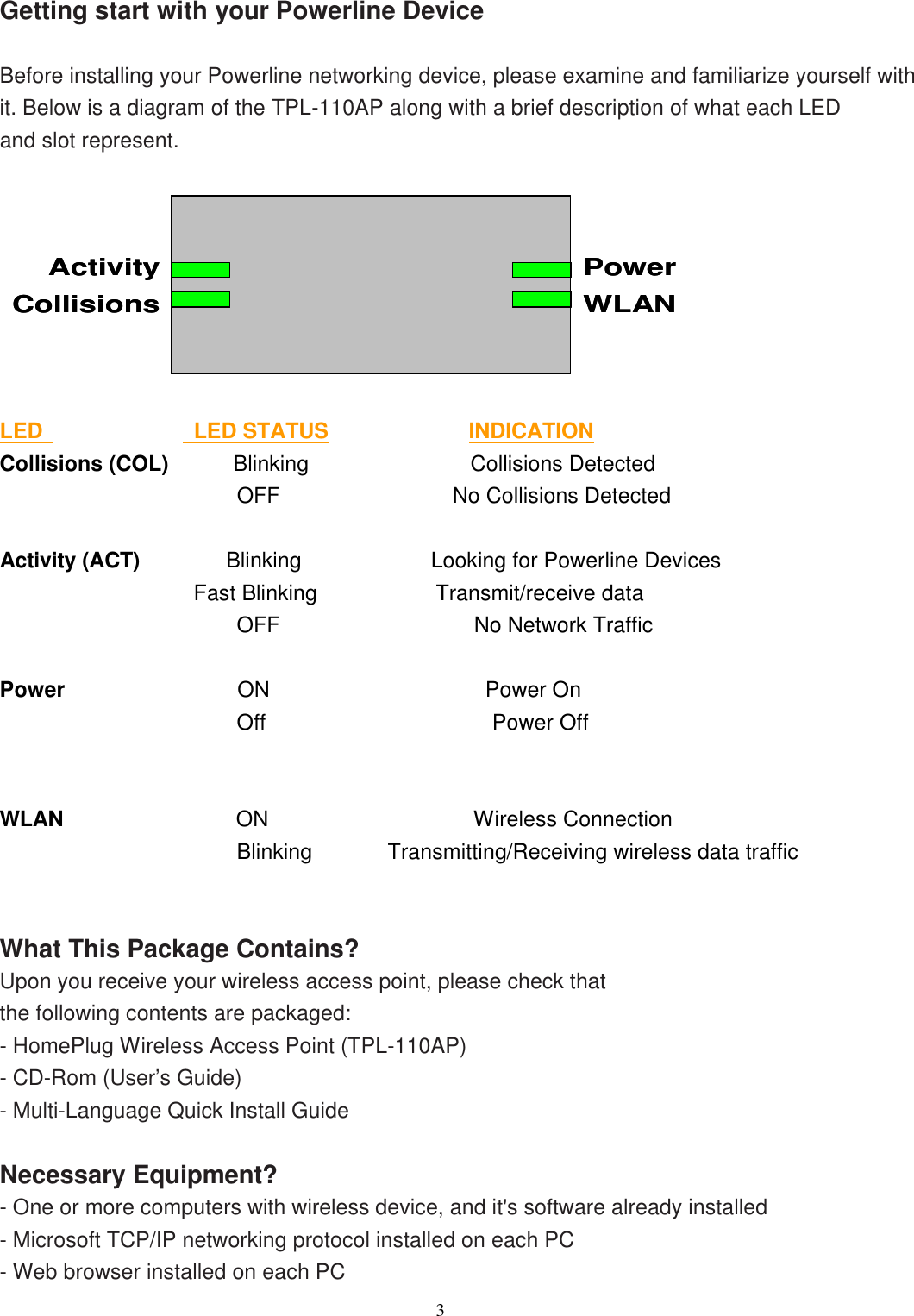                  3   Getting start with your Powerline Device  Before installing your Powerline networking device, please examine and familiarize yourself with it. Below is a diagram of the TPL-110AP along with a brief description of what each LED and slot represent.  CollisionsActivity Power WLANCollisionsActivity Power WLAN  LED               LED STATUS             INDICATION Collisions (COL)      Blinking                Collisions Detected OFF                No Collisions Detected  Activity (ACT)         Blinking             Looking for Powerline Devices                   Fast Blinking           Transmit/receive data OFF                   No Network Traffic  Power                ON                    Power On                       Off                     Power Off   WLAN                ON                    Wireless Connection Blinking        Transmitting/Receiving wireless data traffic   What This Package Contains? Upon you receive your wireless access point, please check that the following contents are packaged: - HomePlug Wireless Access Point (TPL-110AP) - CD-Rom (User’s Guide) - Multi-Language Quick Install Guide  Necessary Equipment? - One or more computers with wireless device, and it&apos;s software already installed - Microsoft TCP/IP networking protocol installed on each PC - Web browser installed on each PC 