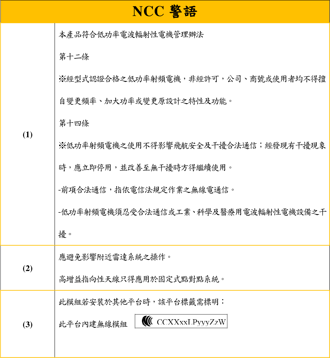   NCC 警語 (1) 本產品符合低功率電波輻射性電機管理辦法 第十二條  ※經型式認證合格之低功率射頻電機，非經許可，公司、商號或使用者均不得擅自變更頻率、加大功率或變更原設計之特性及功能。 第十四條 ※低功率射頻電機之使用不得影響飛航安全及干擾合法通信；經發現有干擾現象時，應立即停用，並改善至無干擾時方得繼續使用。 -前項合法通信，指依電信法規定作業之無線電通信。  -低功率射頻電機須忍受合法通信或工業、科學及醫療用電波輻射性電機設備之干擾。 (2) 應避免影響附近雷達系統之操作。 高增益指向性天線只得應用於固定式點對點系統。 (3) 此模組若安裝於其他平台時，該平台標籤需標明： 此平台內建無線模組       