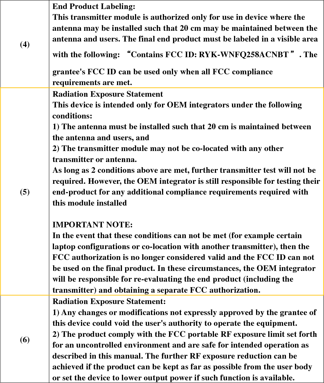 (4) End Product Labeling: This transmitter module is authorized only for use in device where the antenna may be installed such that 20 cm may be maintained between the antenna and users. The final end product must be labeled in a visible area with the following: “Contains FCC ID: RYK-WNFQ258ACNBT ”. The grantee&apos;s FCC ID can be used only when all FCC compliance requirements are met. (5) Radiation Exposure Statement This device is intended only for OEM integrators under the following conditions: 1) The antenna must be installed such that 20 cm is maintained between the antenna and users, and   2) The transmitter module may not be co-located with any other transmitter or antenna. As long as 2 conditions above are met, further transmitter test will not be required. However, the OEM integrator is still responsible for testing their end-product for any additional compliance requirements required with this module installed  IMPORTANT NOTE:   In the event that these conditions can not be met (for example certain laptop configurations or co-location with another transmitter), then the FCC authorization is no longer considered valid and the FCC ID can not be used on the final product. In these circumstances, the OEM integrator will be responsible for re-evaluating the end product (including the transmitter) and obtaining a separate FCC authorization. (6) Radiation Exposure Statement: 1) Any changes or modifications not expressly approved by the grantee of this device could void the user&apos;s authority to operate the equipment. 2) The product comply with the FCC portable RF exposure limit set forth for an uncontrolled environment and are safe for intended operation as described in this manual. The further RF exposure reduction can be achieved if the product can be kept as far as possible from the user body or set the device to lower output power if such function is available. 
