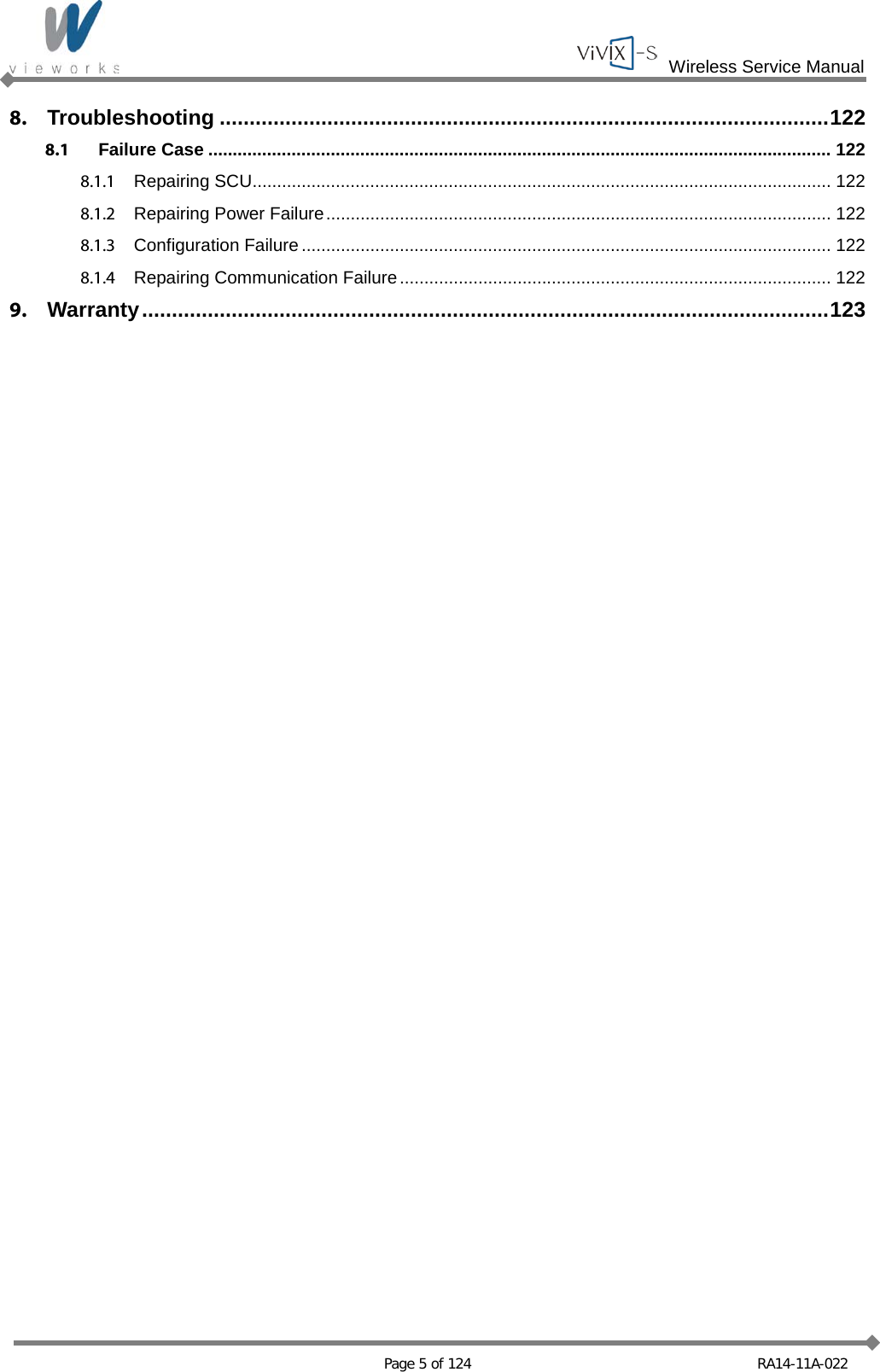  Wireless Service Manual   Page 5 of 124 RA14-11A-022 8. Troubleshooting ...................................................................................................... 122 8.1 Failure Case ............................................................................................................................... 122 8.1.1 Repairing SCU...................................................................................................................... 122 8.1.2 Repairing Power Failure ....................................................................................................... 122 8.1.3 Configuration Failure ............................................................................................................ 122 8.1.4 Repairing Communication Failure ........................................................................................ 122 9. Warranty ................................................................................................................... 123  