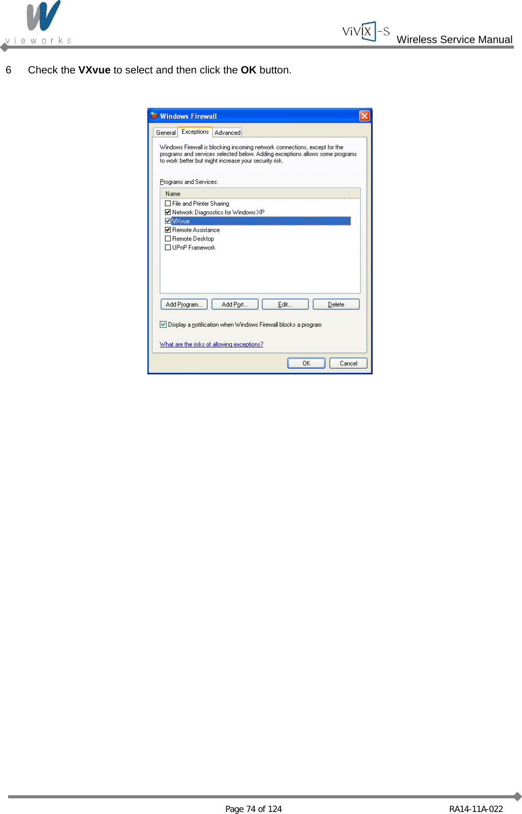  Wireless Service Manual   Page 74 of 124 RA14-11A-022 6  Check the VXvue to select and then click the OK button.       