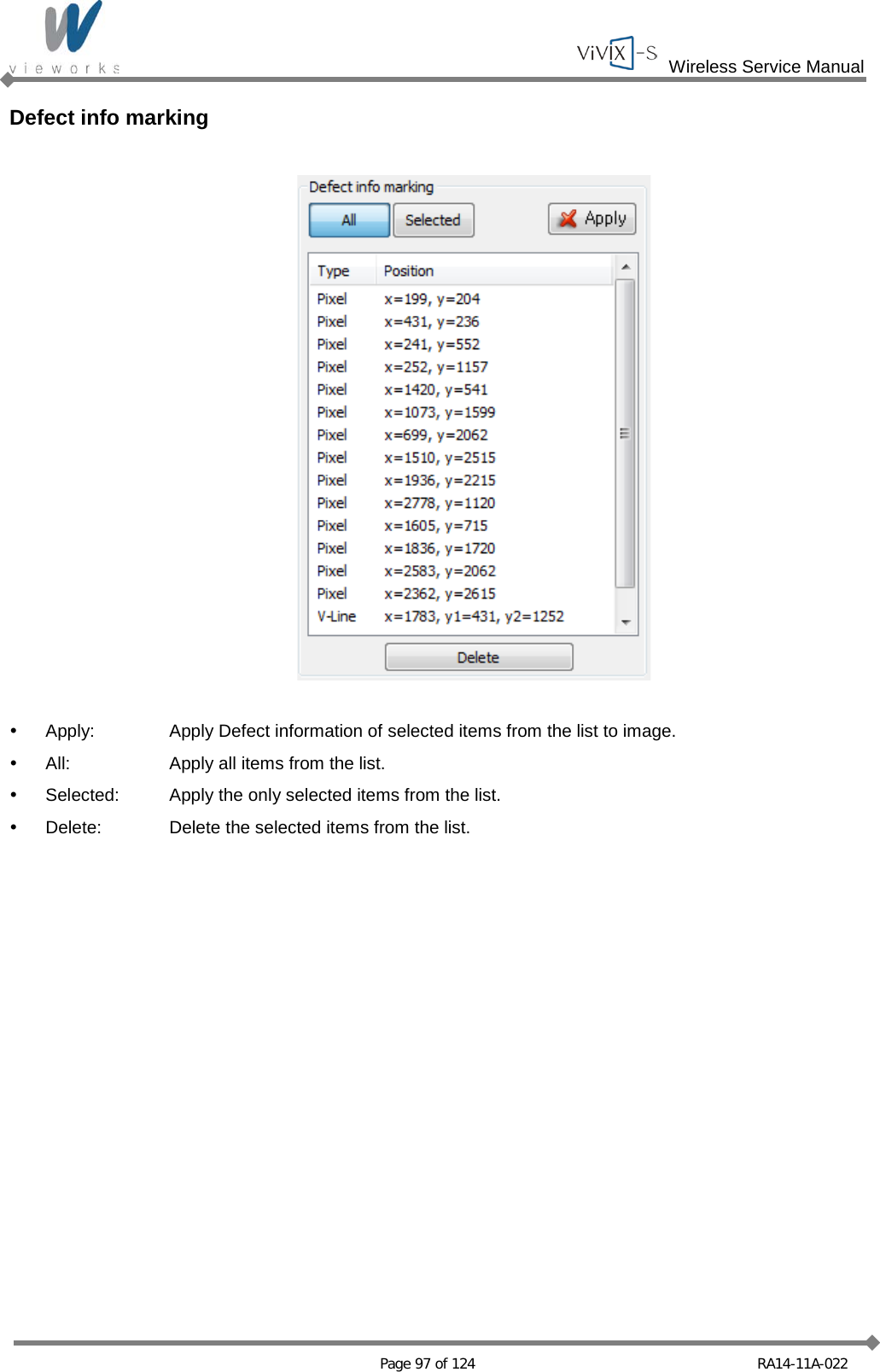  Wireless Service Manual   Page 97 of 124 RA14-11A-022 Defect info marking     Apply: Apply Defect information of selected items from the list to image.  All: Apply all items from the list.  Selected: Apply the only selected items from the list.  Delete: Delete the selected items from the list.  