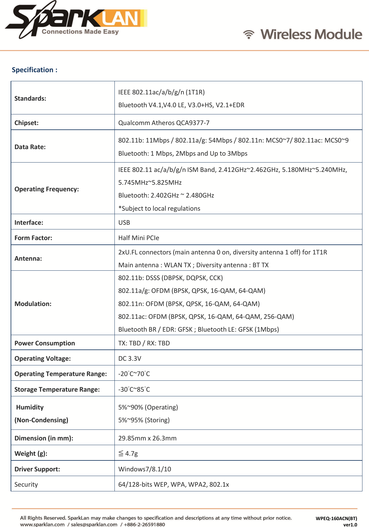 Standards: IEEE 802.11ac/a/b/g/n (1T1R) Bluetooth V4.1,V4.0 LE, V3.0+HS, V2.1+EDR Chipset: Qualcomm Atheros QCA9377-7 Data Rate: 802.11b: 11Mbps / 802.11a/g: 54Mbps / 802.11n: MCS0~7/ 802.11ac: MCS0~9 Bluetooth: 1 Mbps, 2Mbps and Up to 3Mbps Operating Frequency: IEEE 802.11 ac/a/b/g/n ISM Band, 2.412GHz~2.462GHz, 5.180MHz~5.240MHz, 5.745MHz~5.825MHz  Bluetooth: 2.402GHz ~ 2.480GHz *Subject to local regulations  Interface: USB Form Factor: Half Mini PCIe Antenna: 2xU.FL connectors (main antenna 0 on, diversity antenna 1 off) for 1T1R Main antenna : WLAN TX ; Diversity antenna : BT TX Modulation: 802.11b: DSSS (DBPSK, DQPSK, CCK)  802.11a/g: OFDM (BPSK, QPSK, 16-QAM, 64-QAM)  802.11n: OFDM (BPSK, QPSK, 16-QAM, 64-QAM)  802.11ac: OFDM (BPSK, QPSK, 16-QAM, 64-QAM, 256-QAM)  Bluetooth BR / EDR: GFSK ; Bluetooth LE: GFSK (1Mbps) Power Consumption TX: TBD / RX: TBD Operating Voltage: DC 3.3V Operating Temperature Range: -20°C~70°C Storage Temperature Range: -30°C~85°C   Humidity (Non-Condensing) 5%~90% (Operating) 5%~95% (Storing) Dimension (in mm): 29.85mm x 26.3mm Weight (g): ≦ 4.7g Driver Support: Windows7/8.1/10 Security 64/128-bits WEP, WPA, WPA2, 802.1x  Specification : WPEQ-160ACN(BT)                               ver1.0  