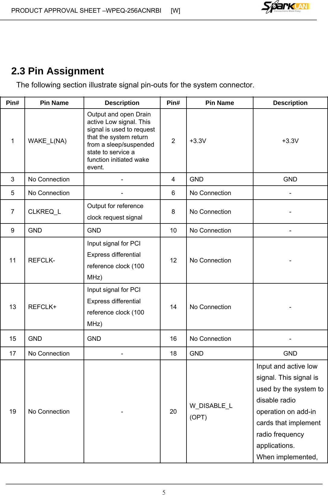 PRODUCT APPROVAL SHEET –WPEQ-256ACNRBI      [W] 5 The following section illustrate signal pin-outs for the system connector.   2.3 Pin Assignment Pin#  Pin Name  Description  Pin#  Pin Name  Description 1 WAKE_L(NA) Output and open Drain active Low signal. This signal is used to request that the system return from a sleep/suspended state to service a function initiated wake event. 2 +3.3V  +3.3V 3 No Connection  -  4  GND GND 5  No Connection  -  6  No Connection  - 7  CLKREQ_L  Output for reference clock request signal  8  No Connection  - 9  GND GND  10  No Connection  - 11  REFCLK- Input signal for PCI Express differential reference clock (100 MHz) 12  No Connection  - 13  REFCLK+ Input signal for PCI Express differential reference clock (100 MHz) 14  No Connection  - 15  GND GND  16  No Connection  - 17  No Connection  -  18 GND  GND 19  No Connection  -  20  W_DISABLE_L (OPT) Input and active low signal. This signal is used by the system to disable radio operation on add-in cards that implement radio frequency applications. When implemented, 