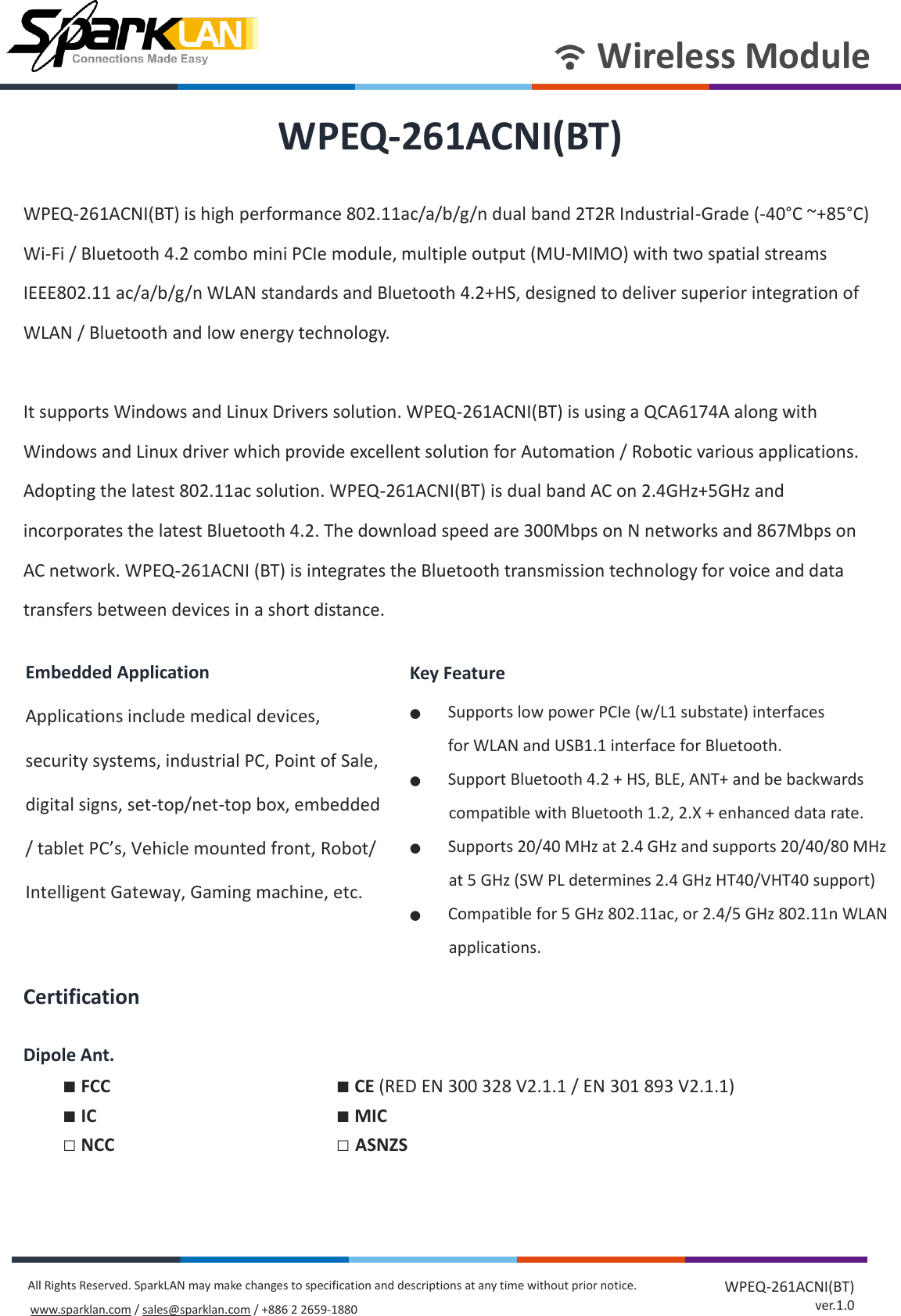 Page 1 of SparkLAN Communications WPEQ261ACNIBT 802.11ac/a/b/g/n 2T2R Industrial-graded Wi-Fi / Bluetooth 4.2 Combo Half mini PCIe Module User Manual rev 2