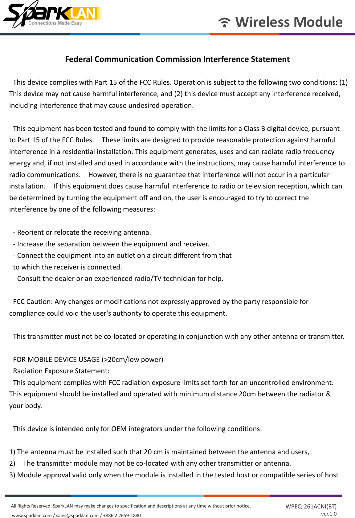 Page 44 of SparkLAN Communications WPEQ261ACNIBT 802.11ac/a/b/g/n 2T2R Industrial-graded Wi-Fi / Bluetooth 4.2 Combo Half mini PCIe Module User Manual rev 2