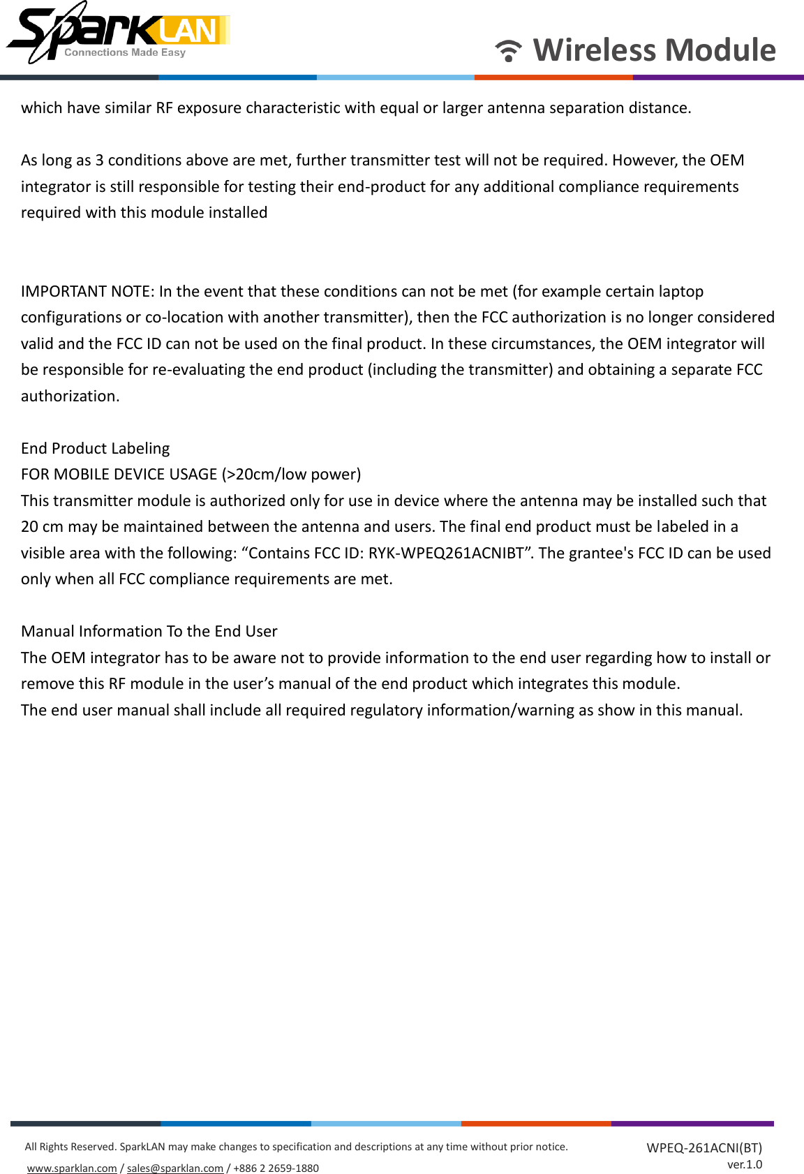 Page 45 of SparkLAN Communications WPEQ261ACNIBT 802.11ac/a/b/g/n 2T2R Industrial-graded Wi-Fi / Bluetooth 4.2 Combo Half mini PCIe Module User Manual rev 2