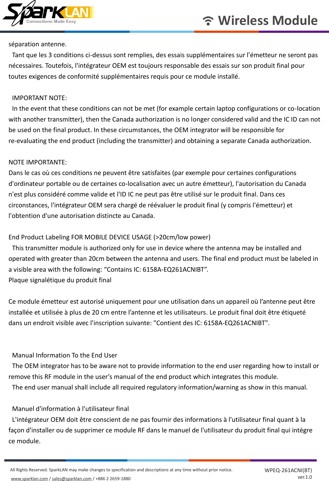 Page 47 of SparkLAN Communications WPEQ261ACNIBT 802.11ac/a/b/g/n 2T2R Industrial-graded Wi-Fi / Bluetooth 4.2 Combo Half mini PCIe Module User Manual rev 2