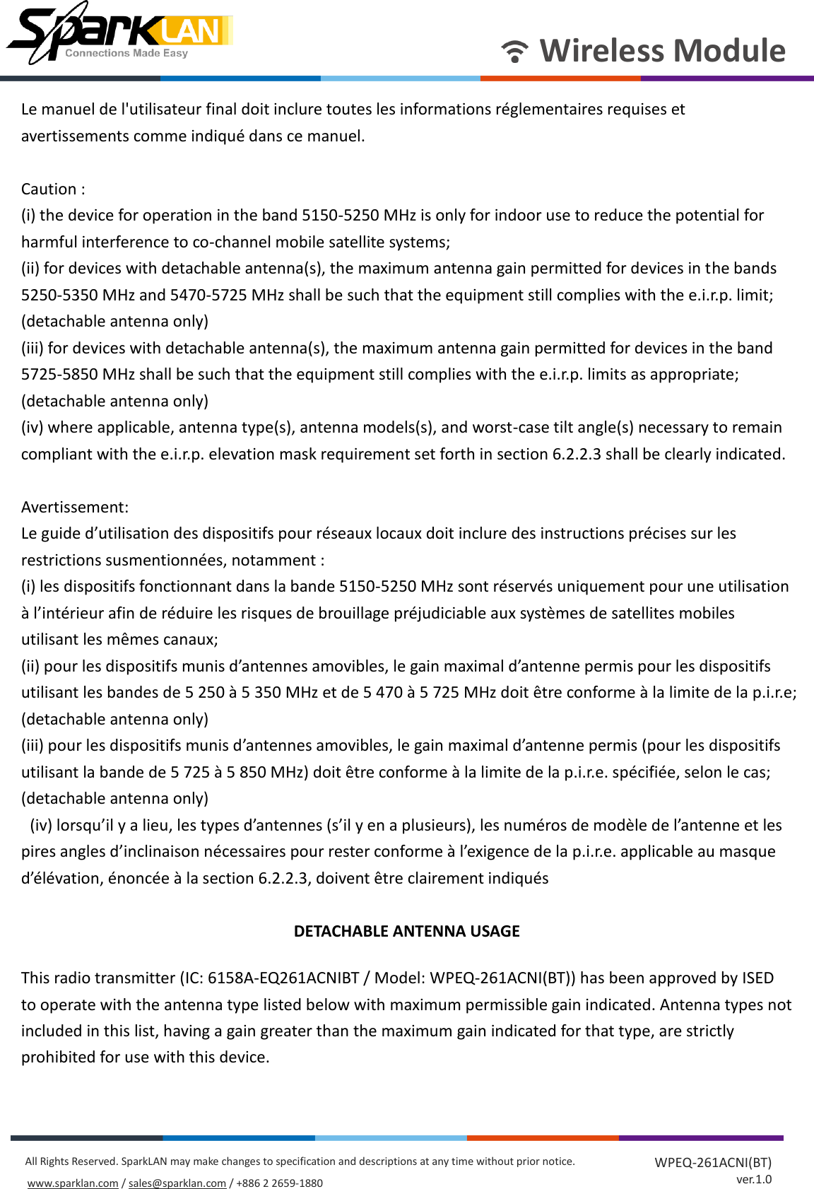 Page 48 of SparkLAN Communications WPEQ261ACNIBT 802.11ac/a/b/g/n 2T2R Industrial-graded Wi-Fi / Bluetooth 4.2 Combo Half mini PCIe Module User Manual rev 2