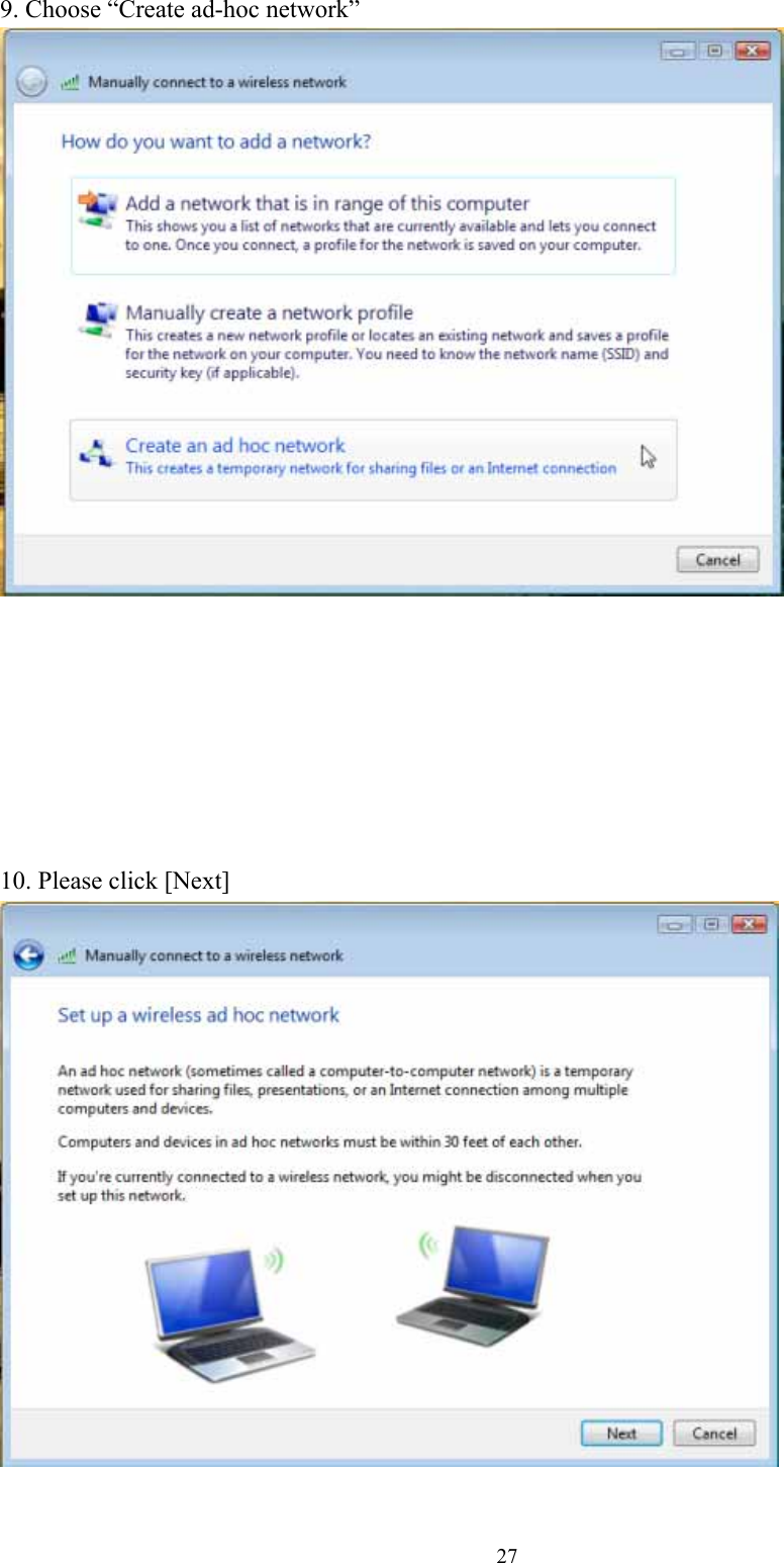  279. Choose “Create ad-hoc network”         10. Please click [Next]    