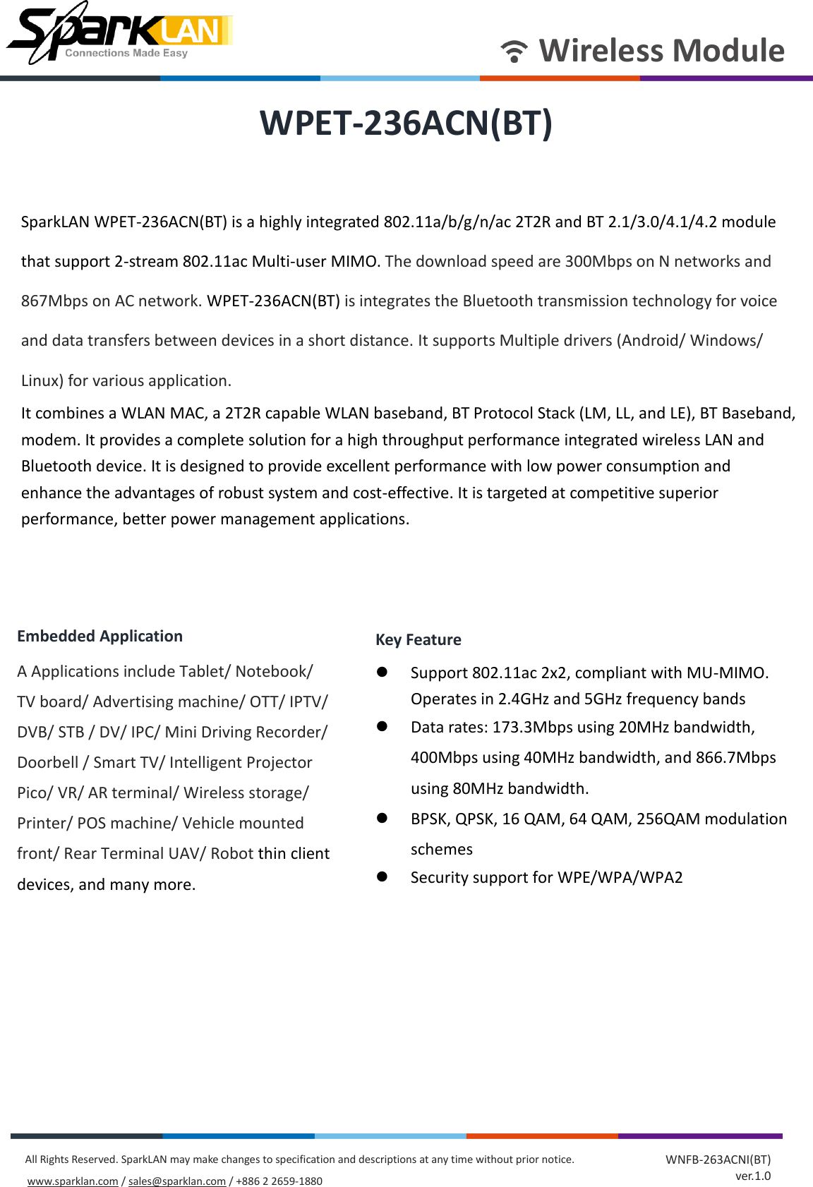 Page 1 of SparkLAN Communications WPET236ACNBT 802.11ac/a/b/g/n 2T2R Wi-Fi + Bluetooth 4.2 Half Mini PCIe Module User Manual rev2