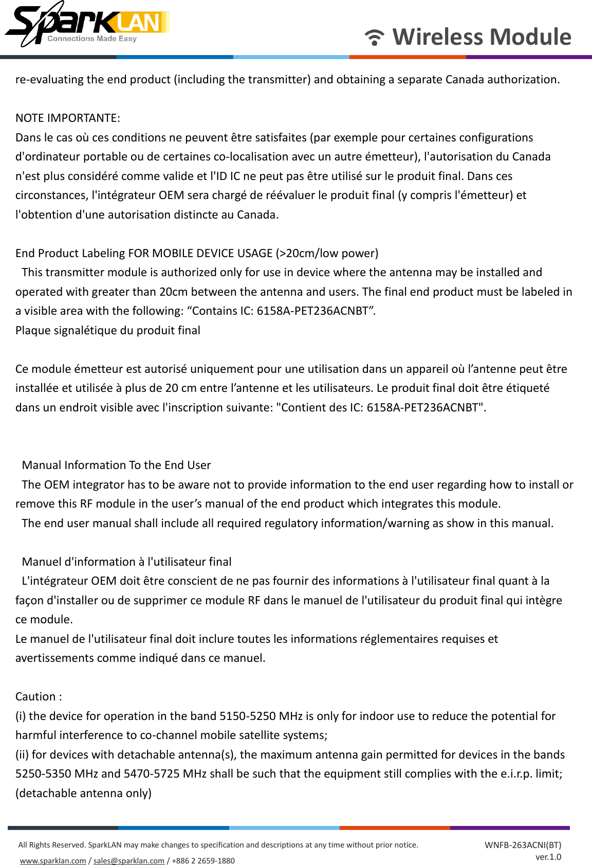 Page 11 of SparkLAN Communications WPET236ACNBT 802.11ac/a/b/g/n 2T2R Wi-Fi + Bluetooth 4.2 Half Mini PCIe Module User Manual rev2