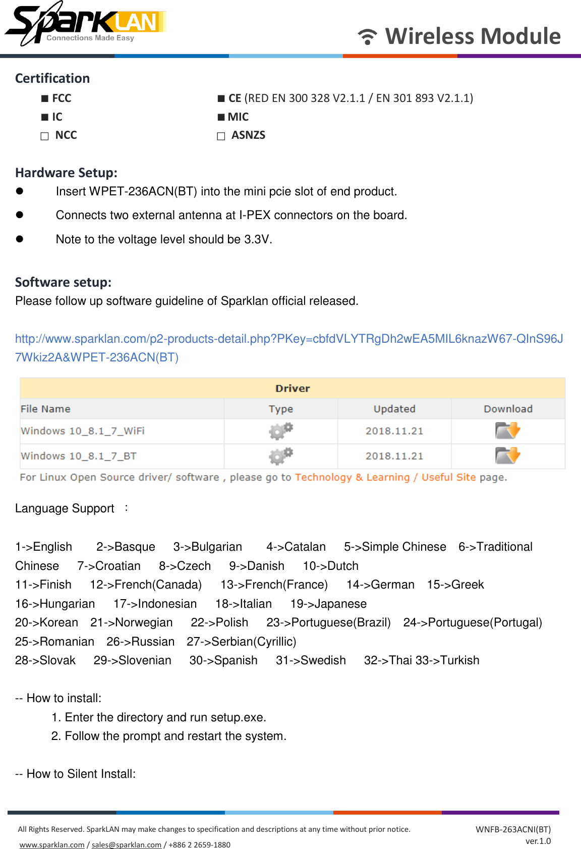 Page 3 of SparkLAN Communications WPET236ACNBT 802.11ac/a/b/g/n 2T2R Wi-Fi + Bluetooth 4.2 Half Mini PCIe Module User Manual rev2